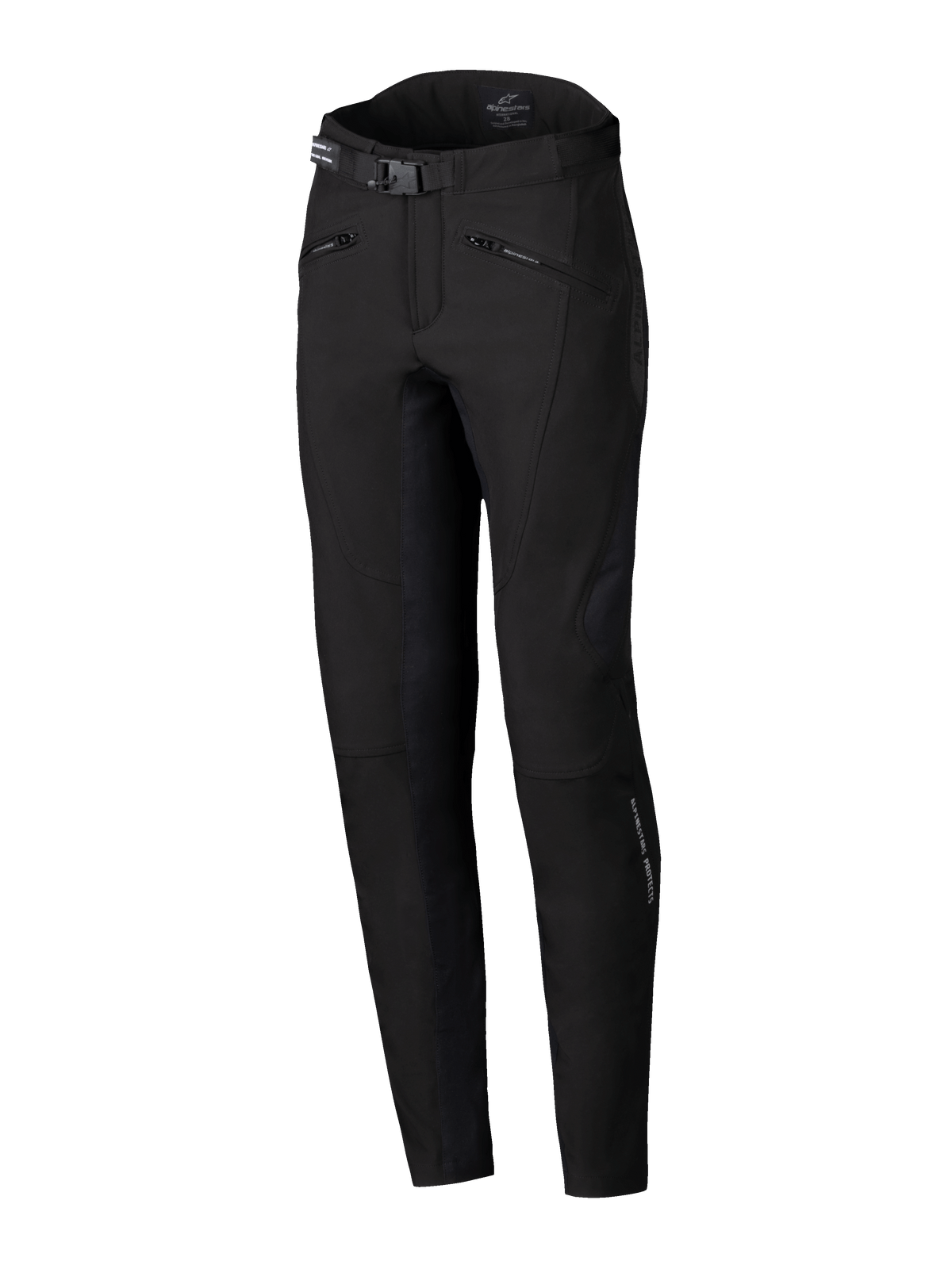 Alpinestars Alamosa dambyxor, urbana motorcykelbyxor, svarta, slim performance-passform, med midjebälte och spänne, handfickor med dragkedja, ergonomiskt tekniskt stretch-softshell-material, minimalistisk streetwear-inspirerad design