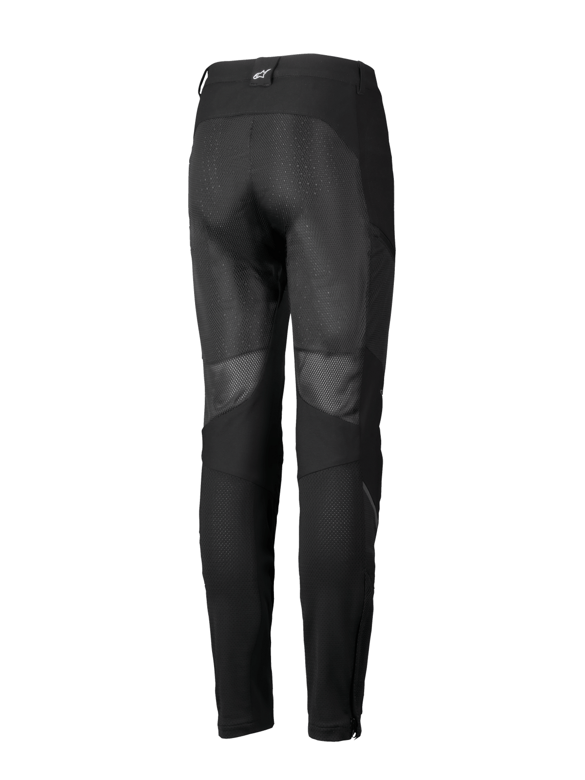 Alpinestars Stella Troop-Air byxor, motorcykelbyxor för dam, svarta, vy bakifrån med stora ventilationspaneler i mesh på baksidan av benen, textilkonstruktion och en liten vit logotyp på den bakre bälteshällan