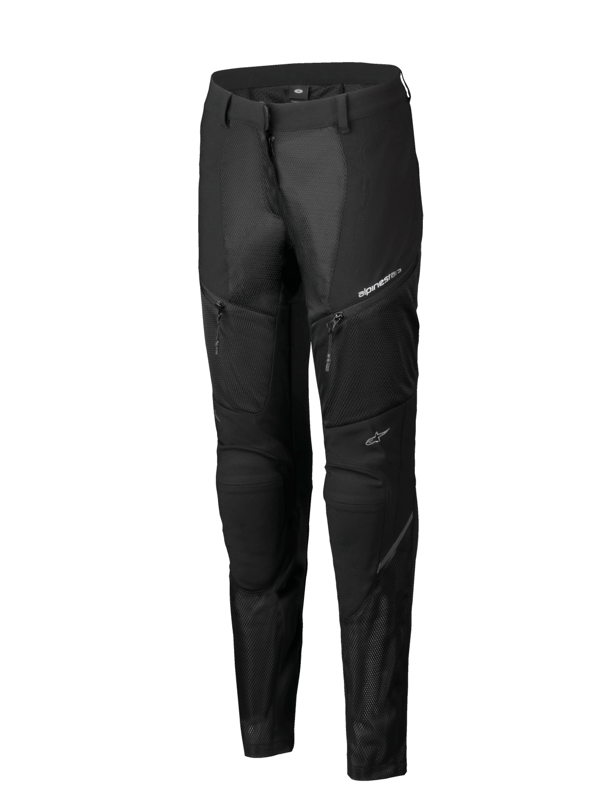 Alpinestars Stella Troop-Air-byxor, motorcykelbyxor för dam, svarta, med omfattande ventilationspaneler i mesh, fickor med dragkedja och teknisk sportpassform med vita Alpinestars-logotyper