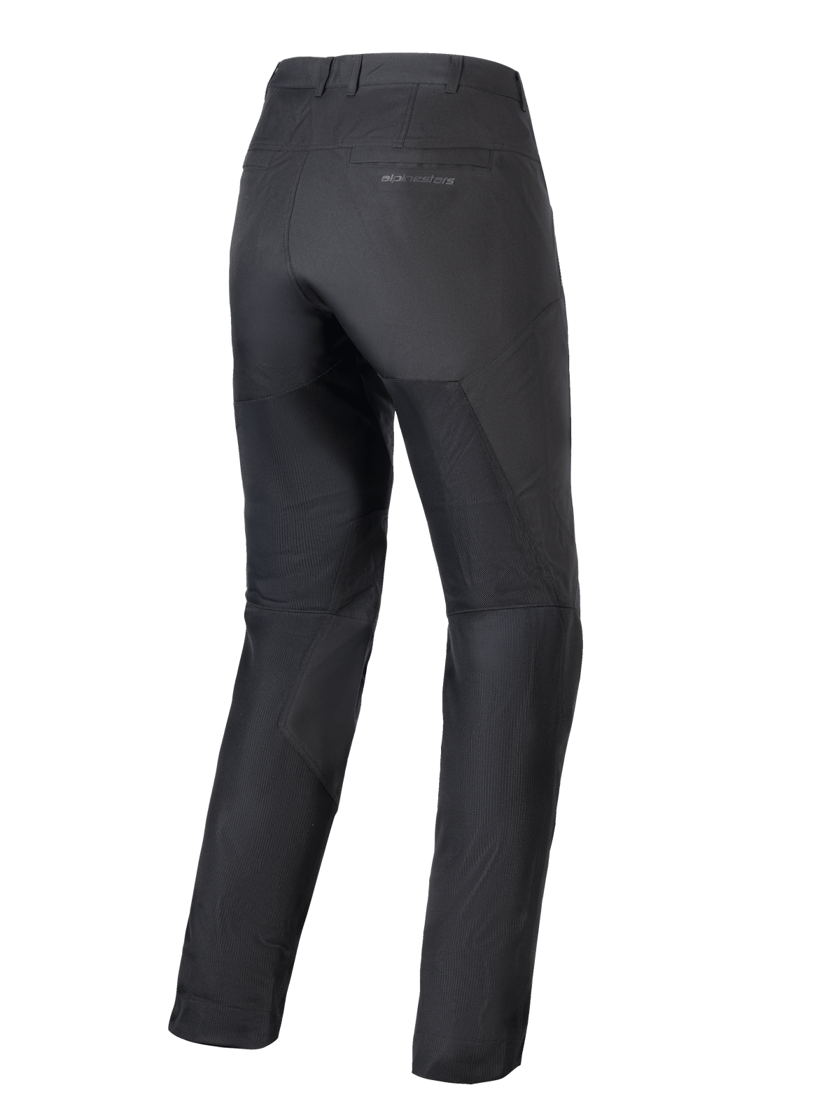 Alpinestars Dam Stella C-1 Air Byxor, svarta motorcykelbyxor, vy bakifrån som visar stora paneler i teknisk mesh på benen för luftflöde, stilren urban design med diskret logotyp på bakfickan