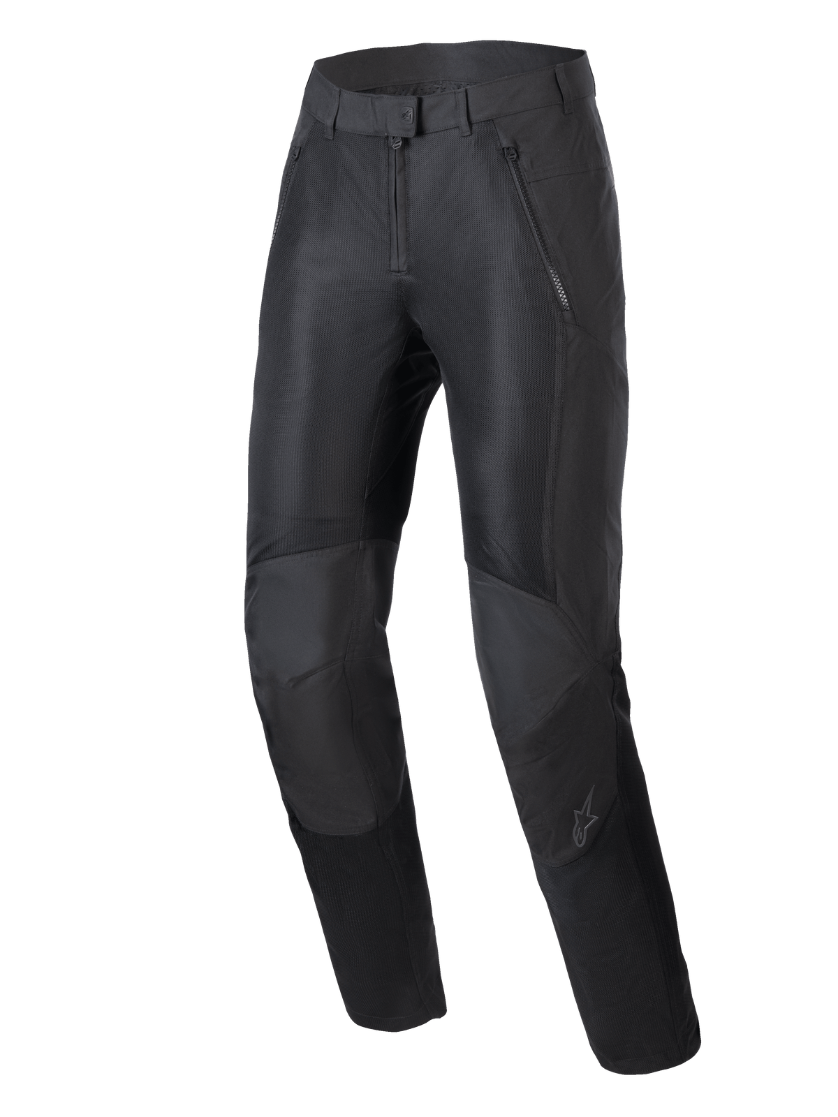 Alpinestars Stella C-1 Air Byxor, urbana motorcykelbyxor för dam, svarta, med stora ventilationspaneler i mesh på framsidan, hållbar konstruktion i polytyg och ergonomisk knädesign med integrerat skydd.
