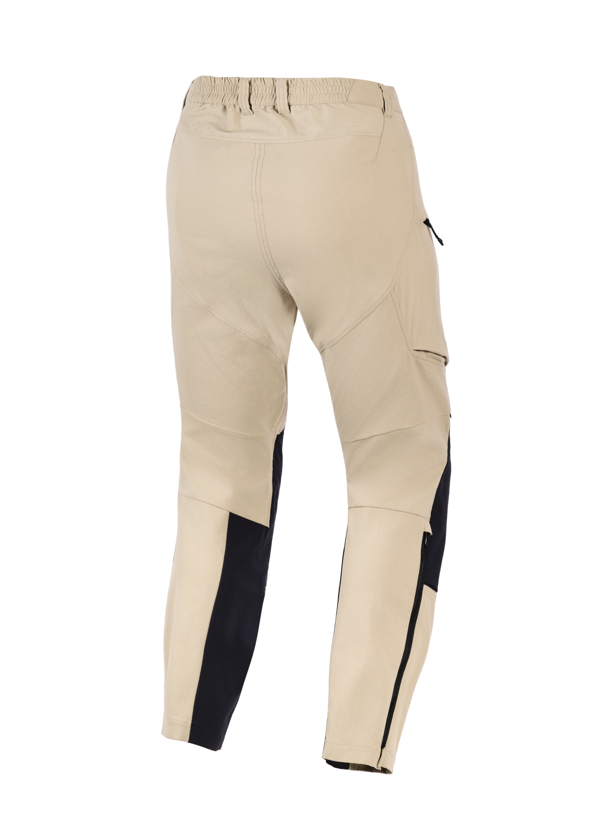 Alpinestars Woman Stella Flex-AST Explorer-byxor, MC-äventyrsbyxor för damer, sandfärgade och svarta, vy bakifrån med elastisk midja, cargofickor på sidorna och förstärkta paneler på underbenen med dragkedjor, designade för körning i varmt väder