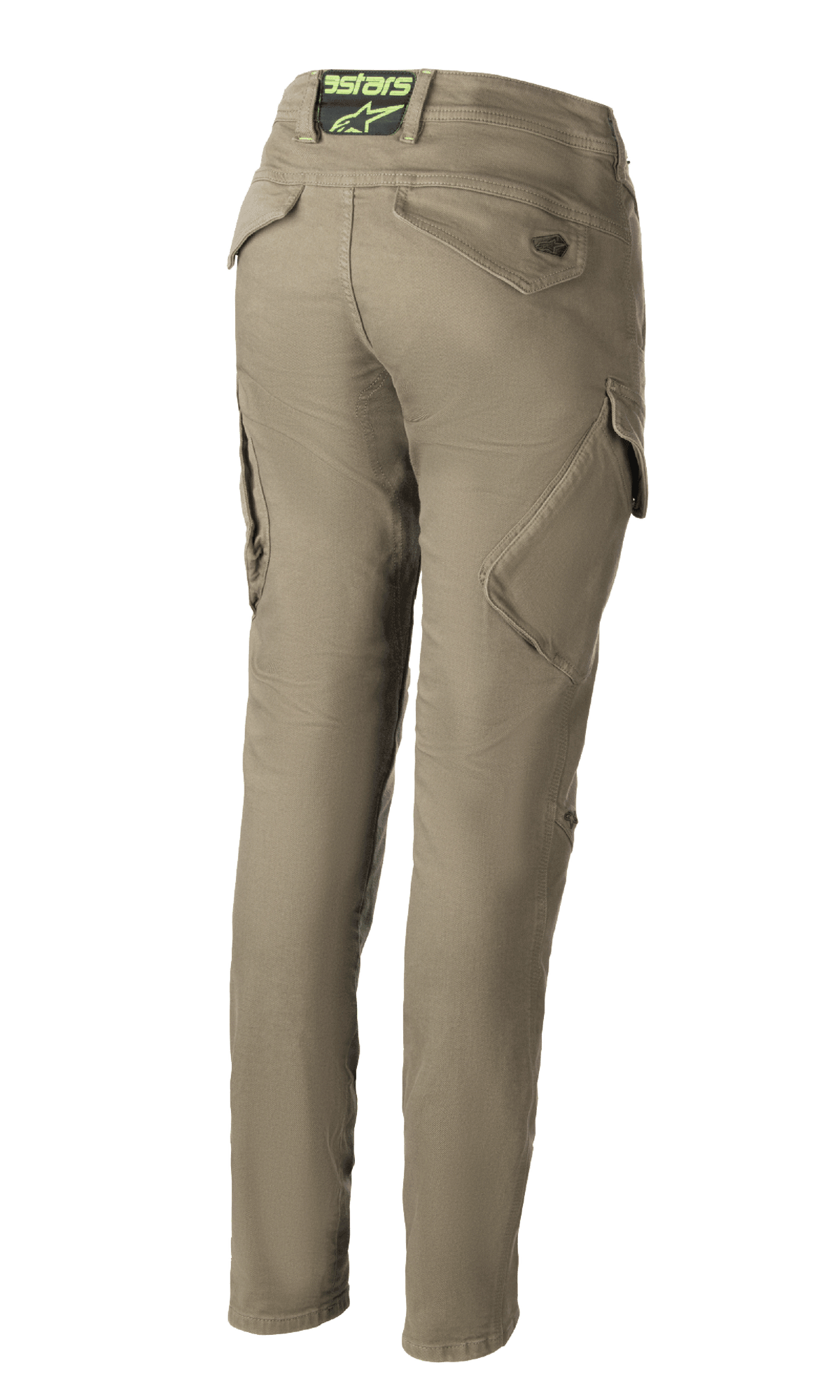 Alpinestars Caliber Tech Riding Denim för dam, Military Green motorcykelbyxor, baksida som visar slim fit combat-design med vinklade cargofickor, Astars-logotyp på bakre linningen, hållbart Cordura-tyg