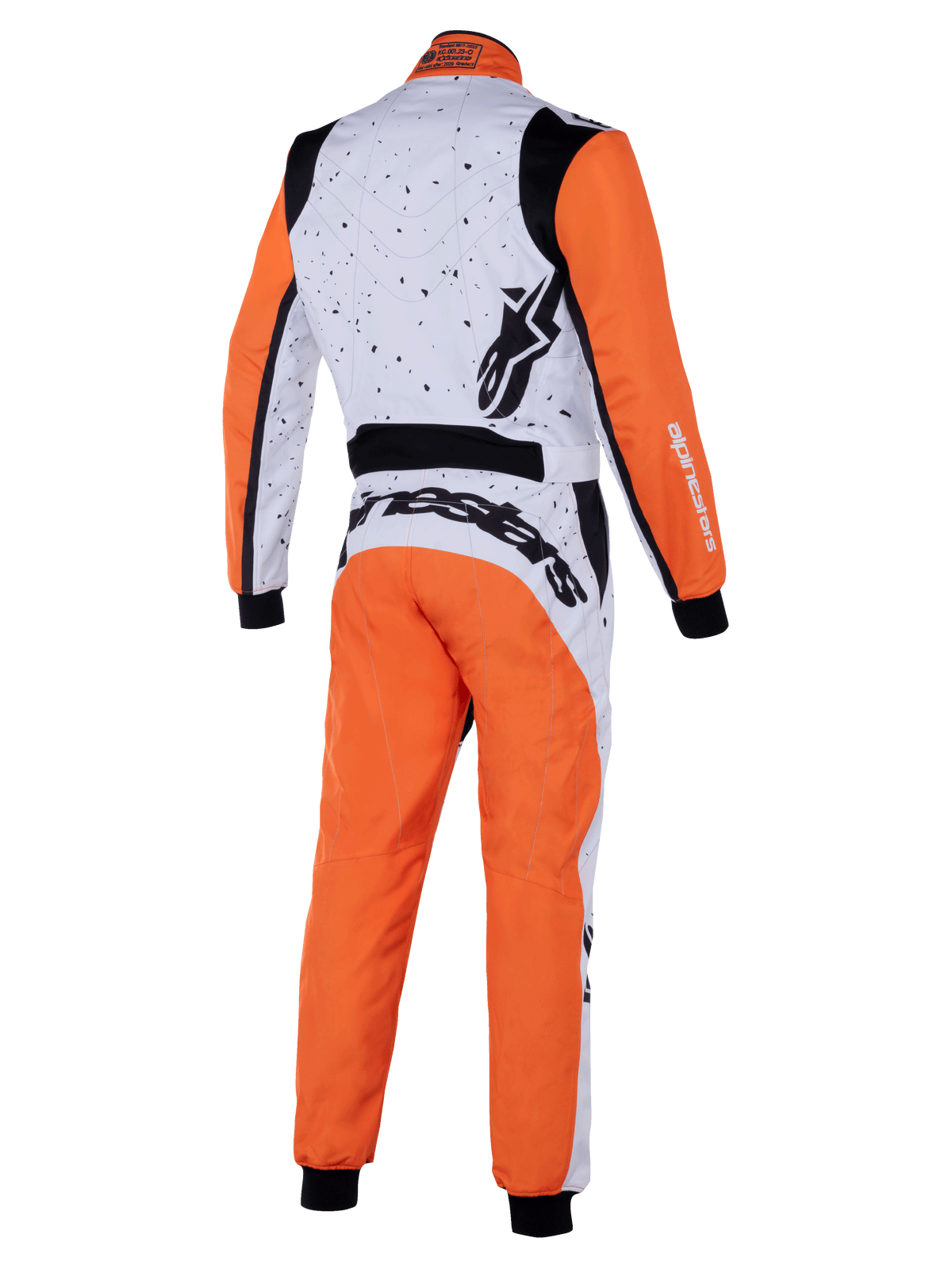 Alpinestars KMX-9 V3 Graphic 6-overall, kartingoverall, vit, orange och svart, sedd bakifrån med prickig grafik på den vita övre delen, orangea ärmar och ben, svarta stretchpaneler och framträdande Alpinestars-branding