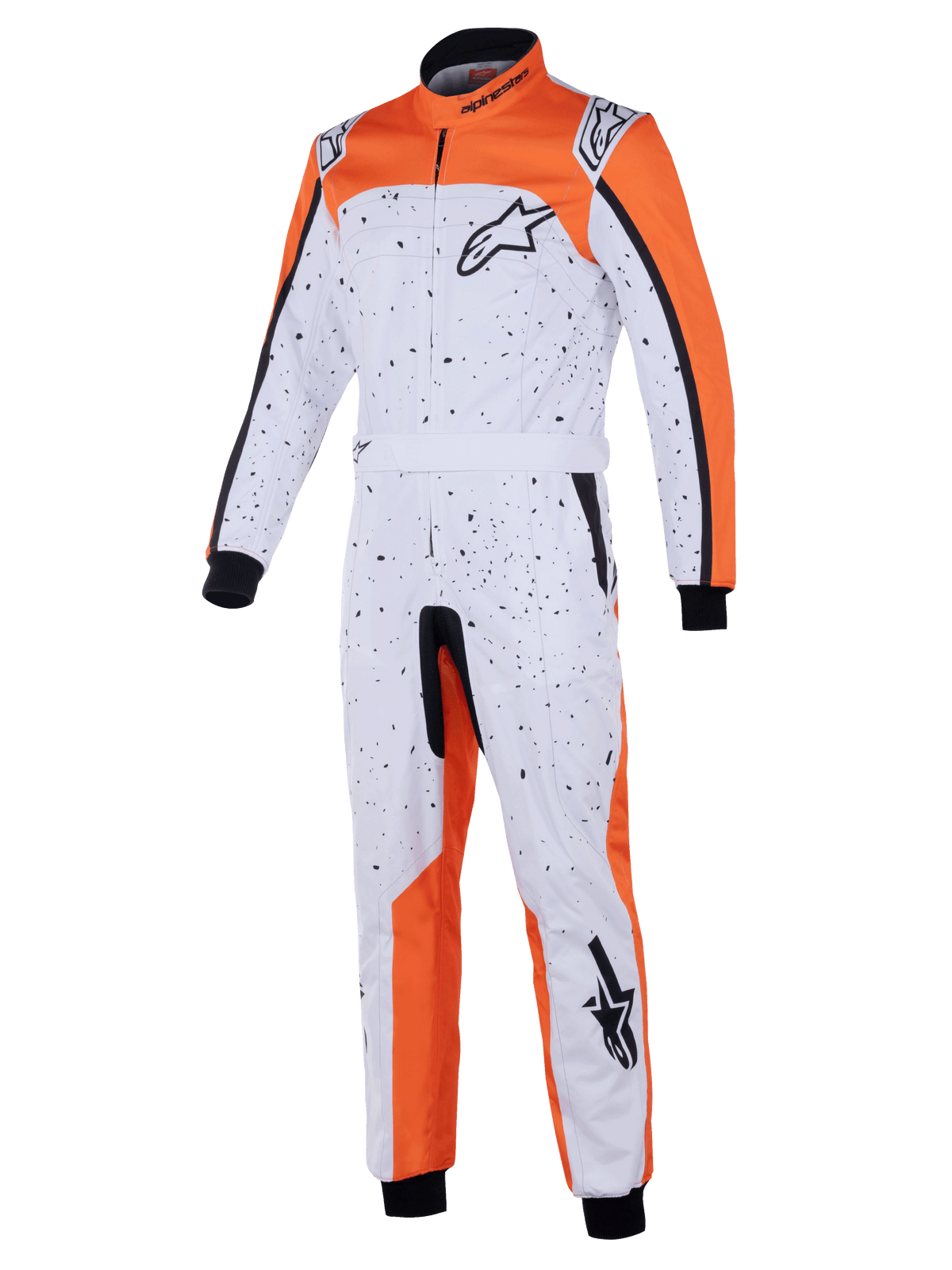 Alpinestars KMX-9 V3 Graphic 6-dräkt, kartingoverall, vit, orange och svart med ett svart stänkmönster, Astar-logotyper på bröst och ben, stickade muddar och justerbart midjebälte, designad för skydd vid karting