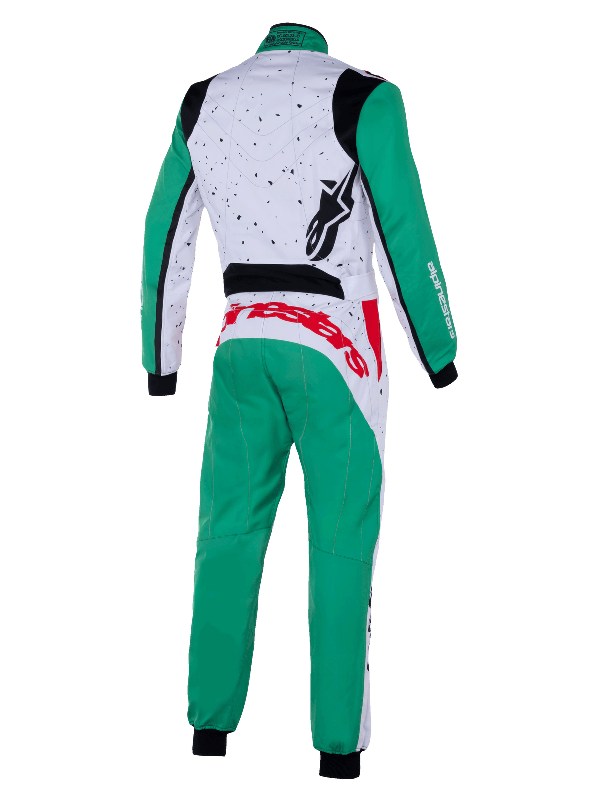 Alpinestars Youth KMX-9 V3 Graphic 6 Suit, Karting Suit, White Green and Red, back view, featuring green sleeves and pants, white upper back with black speckled graphics, red Alpinestars branding across the waist, black logo on the shoulder, professional karting apparel
