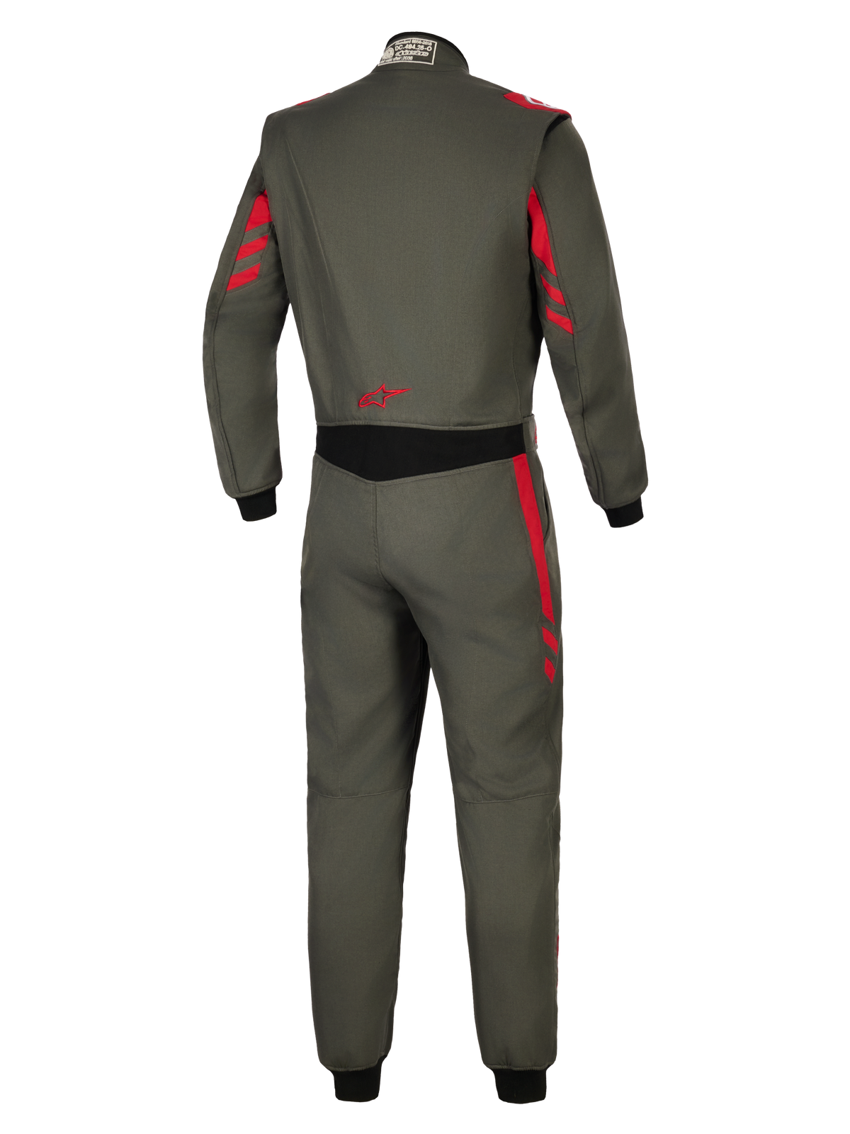 Alpinestars GP Race V3 Suit FIA, racingoverall, Anthracite Red, vy bakifrån med mörkgrått textilmaterial med röda ränder på axlar och ärmar, svart stretchpanel i midjan, röd stjärnlogotyp på nedre ryggen, professionellt skydd för motorsport