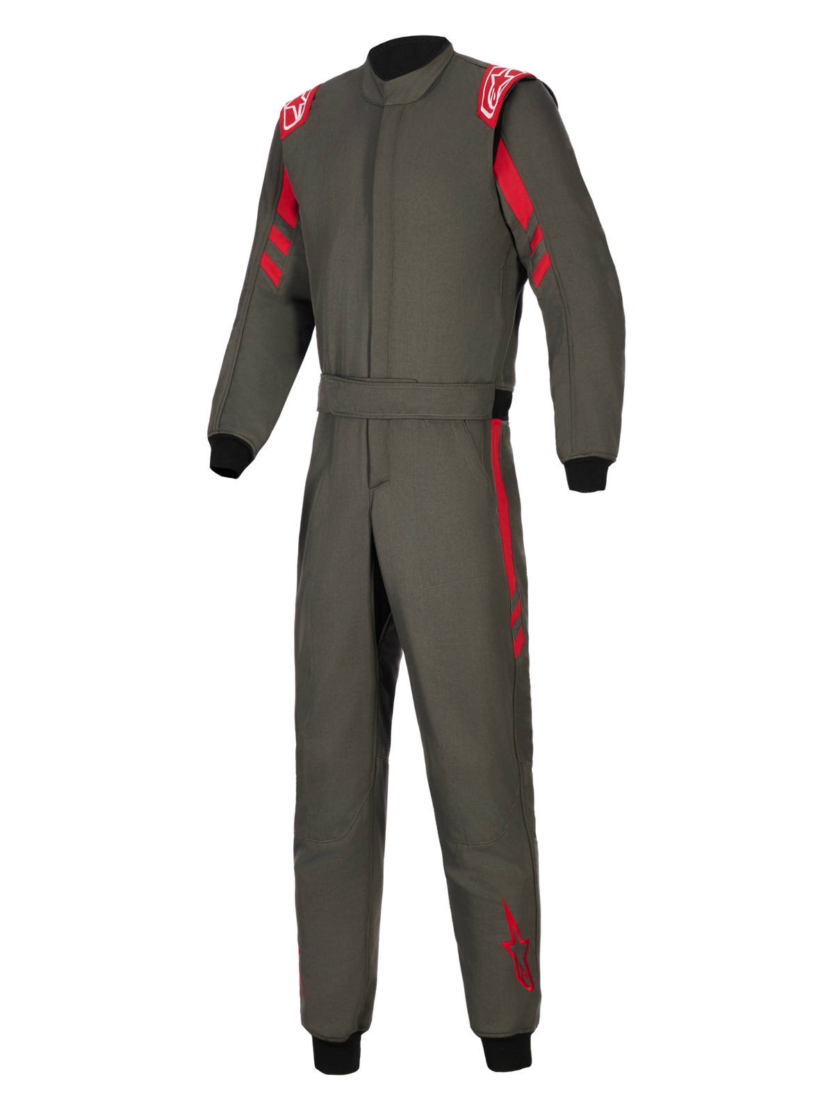 Alpinestars GP Race V3-overall FIA, racingoverall, antracit med röda detaljer, röda axelklaffar, röda ränder på ärmar och ben, svarta ribbstickade muddar och justerbart bälte i midjan, professionell motorsportutrustning