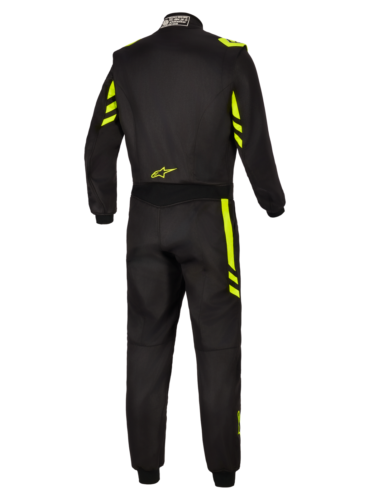 Alpinestars GP Race V3 Suit FIA, racingoverall, svart och neongul, vy bakifrån som visar fluorescerande gula detaljer på axlar och ben, liten gul logotyp på ländryggen och FIA-certifieringsetikett på kragen.