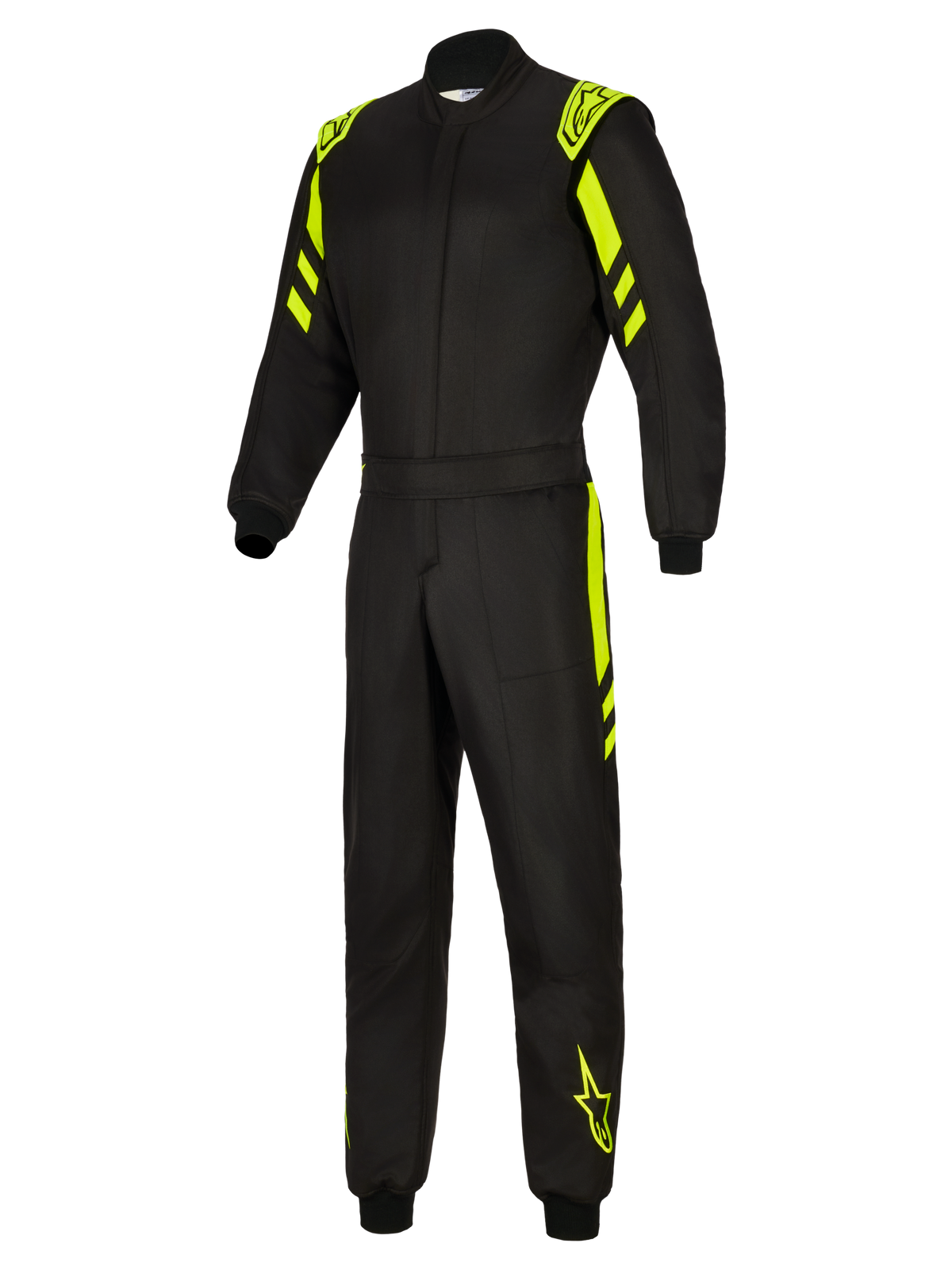 Alpinestars GP Race V3 Suit FIA, racingoverall för bil, svart och neongul, helbild framifrån med fluorescerande gula detaljer på axlar, armar och ben, professionell flamsäker racingoverall med Alpinestars-branding.