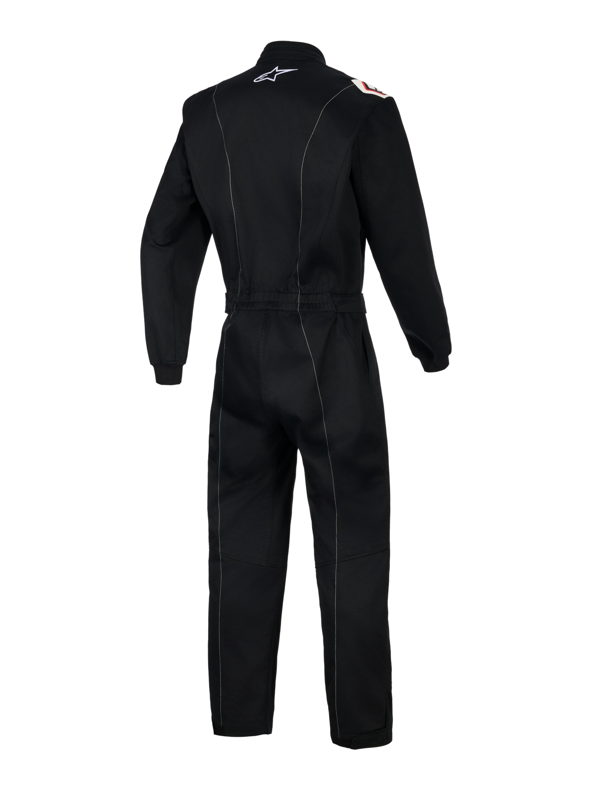 Alpinestars Kart Indoor V2-overall, svart kartingoverall, baksida som visar vita kontrastsömmar, elastiskt midjebälte och vit Alpinestars-logotyp på kragen, ergonomisk design för inomhuskarting