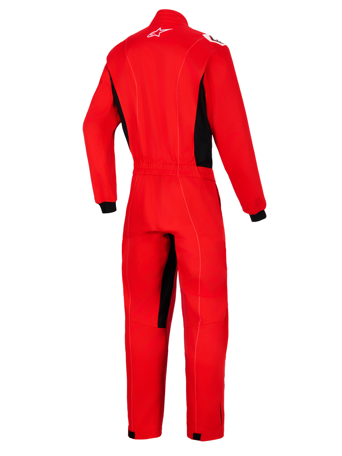 Alpinestars Kart Indoor V2 Suit, Red, Back view of one-piece kart racing suit with black side panels and inner leg accents, featuring a white Astars logo on the back neck and an elasticated waist.