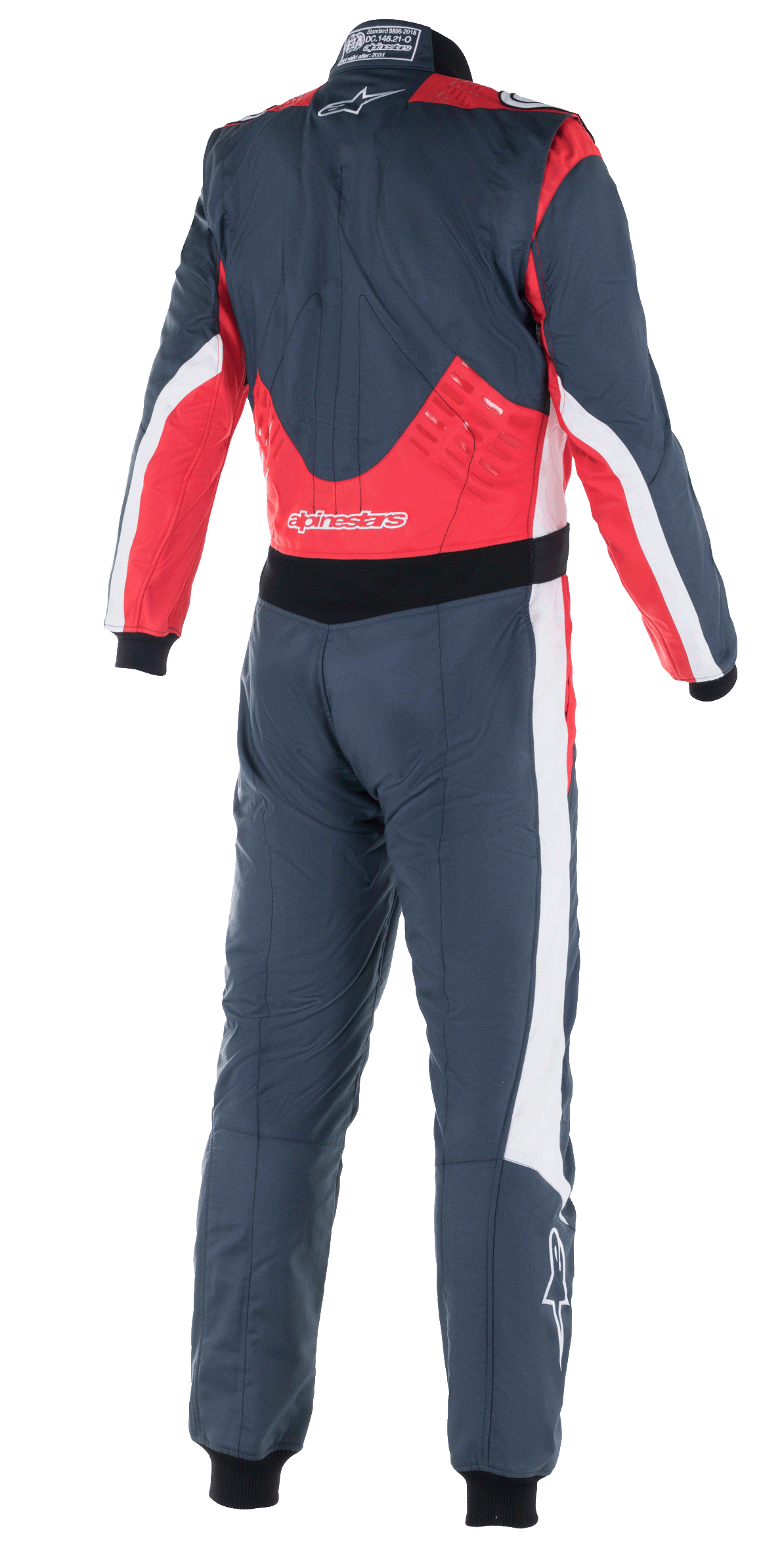 Alpinestars GP Pro Comp V2 FIA-overall, racingoverall, Asphalt, röd och vit, baksida med röda paneler på nedre ryggen och axlarna, vita detaljer på sidorna och Alpinestars-logotyp