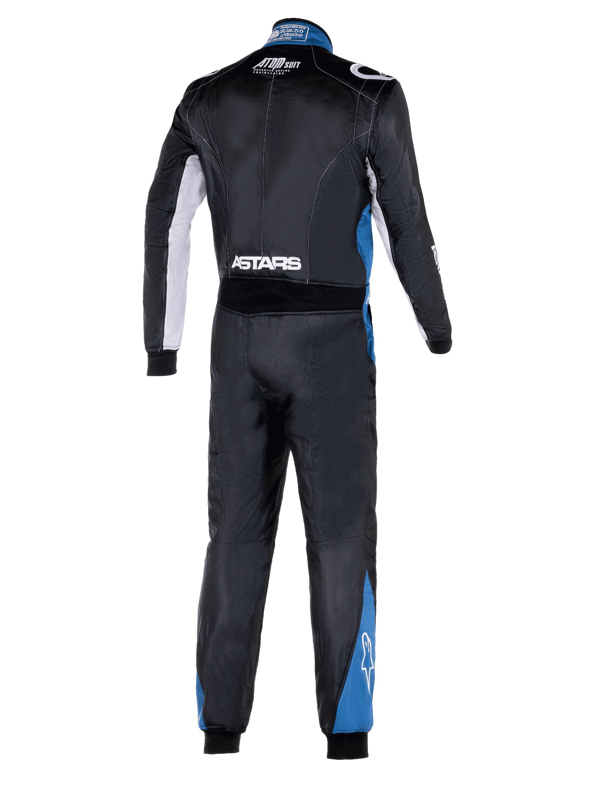 Alpinestars Atom Graphic 4-dräkt, helkroppsvy bakifrån av racingoverall, svart med silver- och blå detaljer, vit ASTARS-logotyp i midjan och blå paneler på benen, professionella FIA-certifierade skyddskläder för motorsport