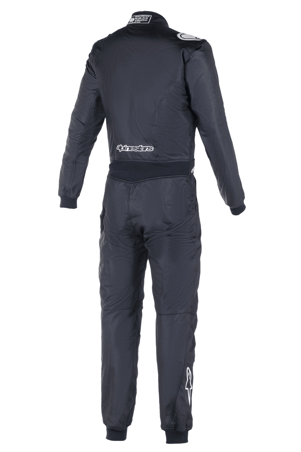 Alpinestars Atom FIA-overall, racingoverall, baksida i svart, med vit Alpinestars-logotyp på nedre delen av ryggen och höger vad, FIA-homologeringsetikett på kragen, smidig textilkonstruktion i ett stycke för professionell motorsportssäkerhet