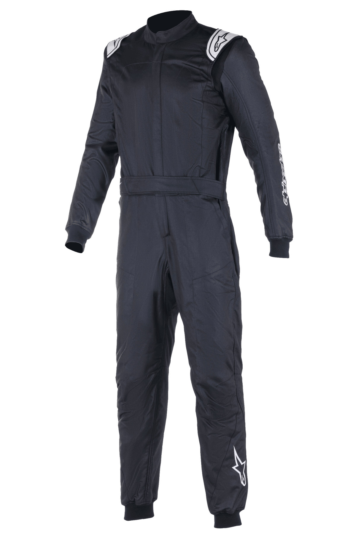 Alpinestars Atom FIA Suit, svart racingoverall, design i ett stycke med vita Alpinestars-logotyper på axlar och vänster ben, hög krage med ribbade muddar och midjebälte, professionell motorsport- och racingutrustning