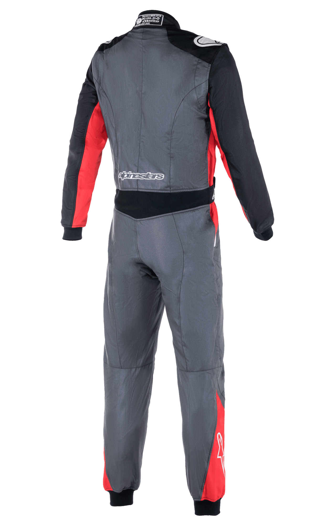 Alpinestars Atom FIA-overall, racingoverall för bilsport, antracitgrå, röd och svart, baksida som visar stretchpaneler i midjan, axelklaffar och Alpinestars-logotyper på ländryggen och axlarna.
