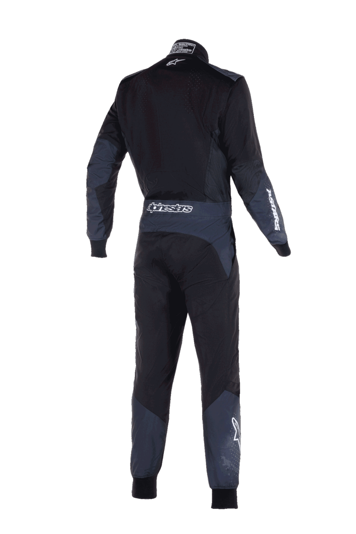 Alpinestars KMX-5 V3 Suit, Karting Racing Suit, Black and Dark Shadow, rear view showing white Alpinestars branding on the waist and sleeve, dark grey technical panels on arms and legs, sleek performance design.