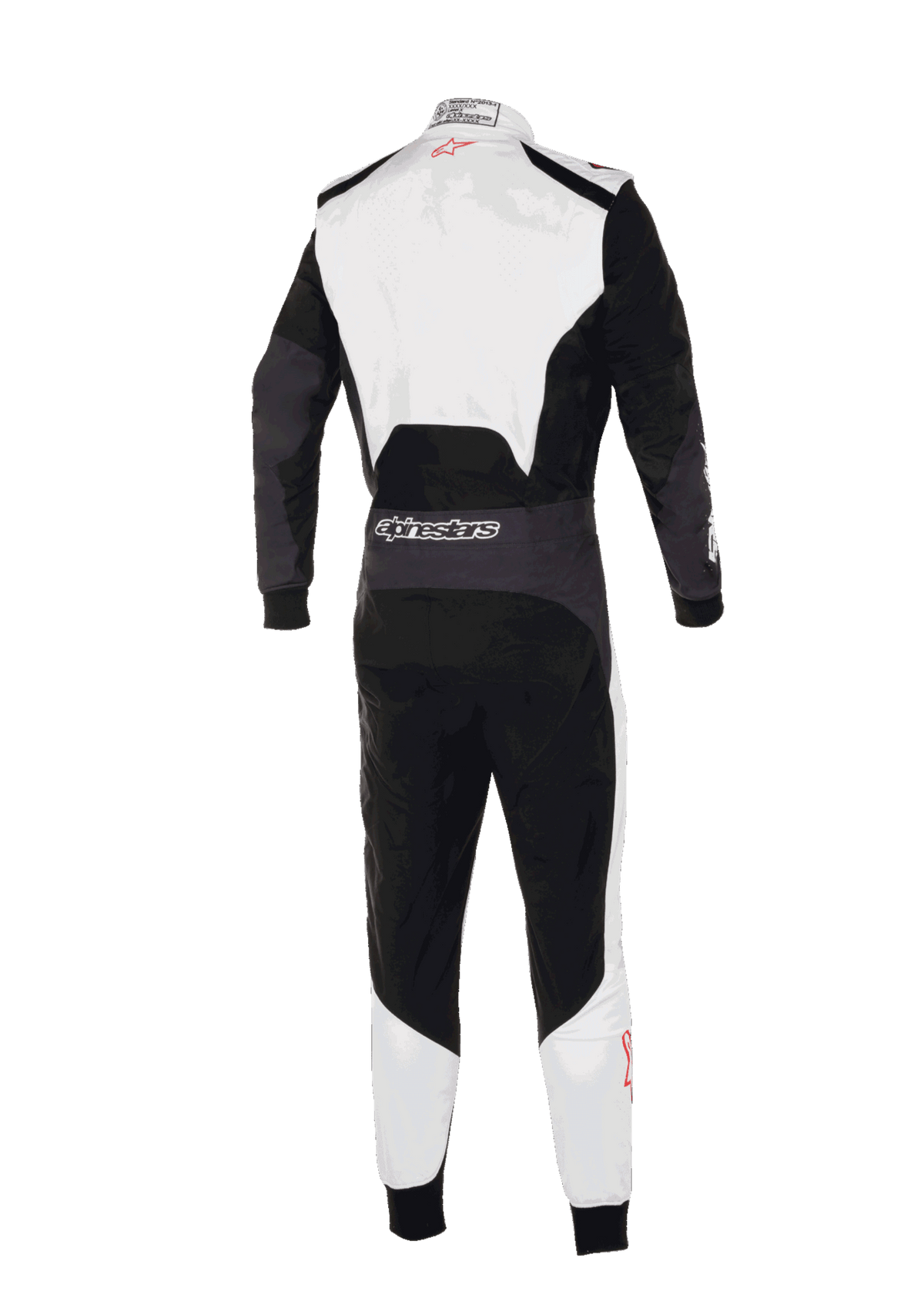 Alpinestars KMX-5 V3-overall, vy bakifrån av professionell kartingoverall, vit, svart och klarröd, vit övre rygg och nedre ben med svarta huvudpaneler, Alpinestars-logotyp på midjan bak, ergonomisk design för tävlingsbruk.