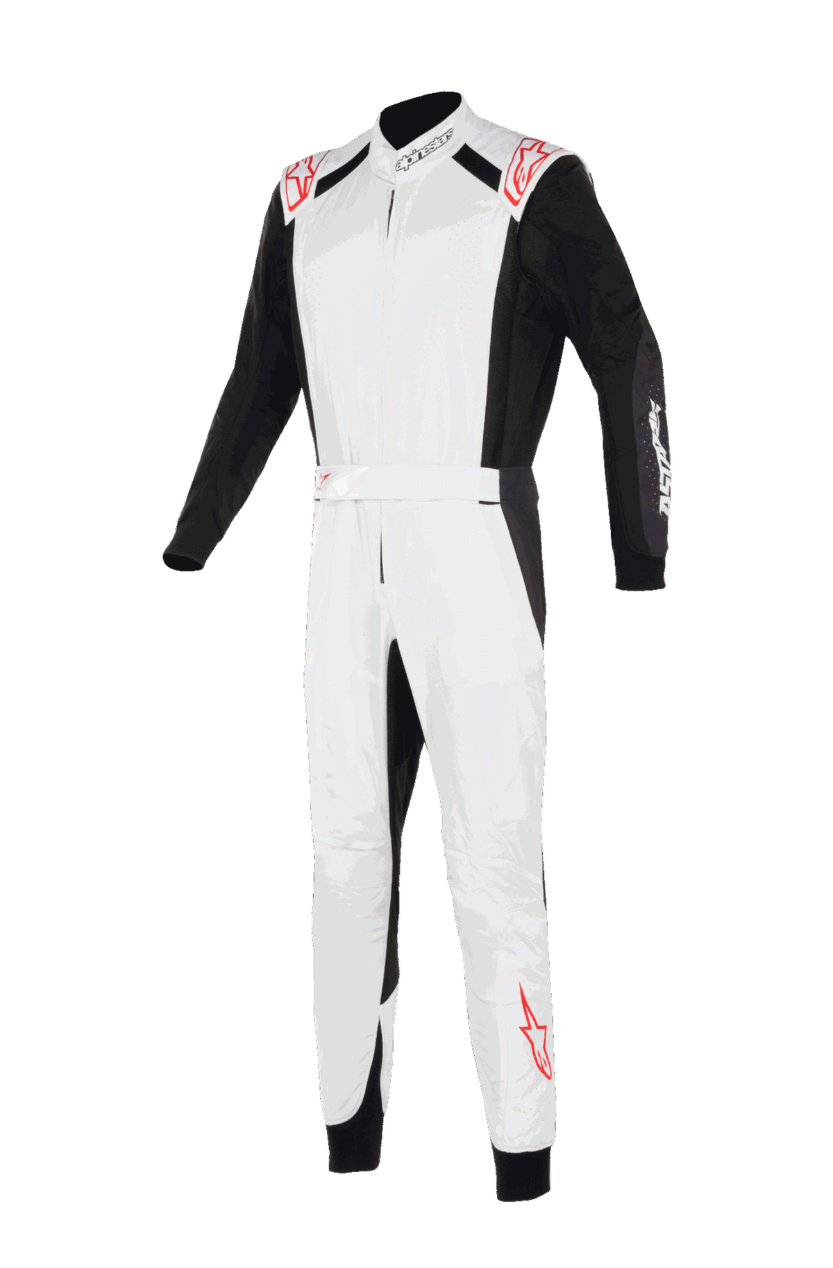 Alpinestars KMX-5 V3 Suit, gokartoverall, vit, svart och klarröd, vy framifrån, med vitt bröst och vita ben, svarta ärmar och sidopaneler, röda stjärnlogotyper på axlar och underben, professionell racingdesign för gokart.