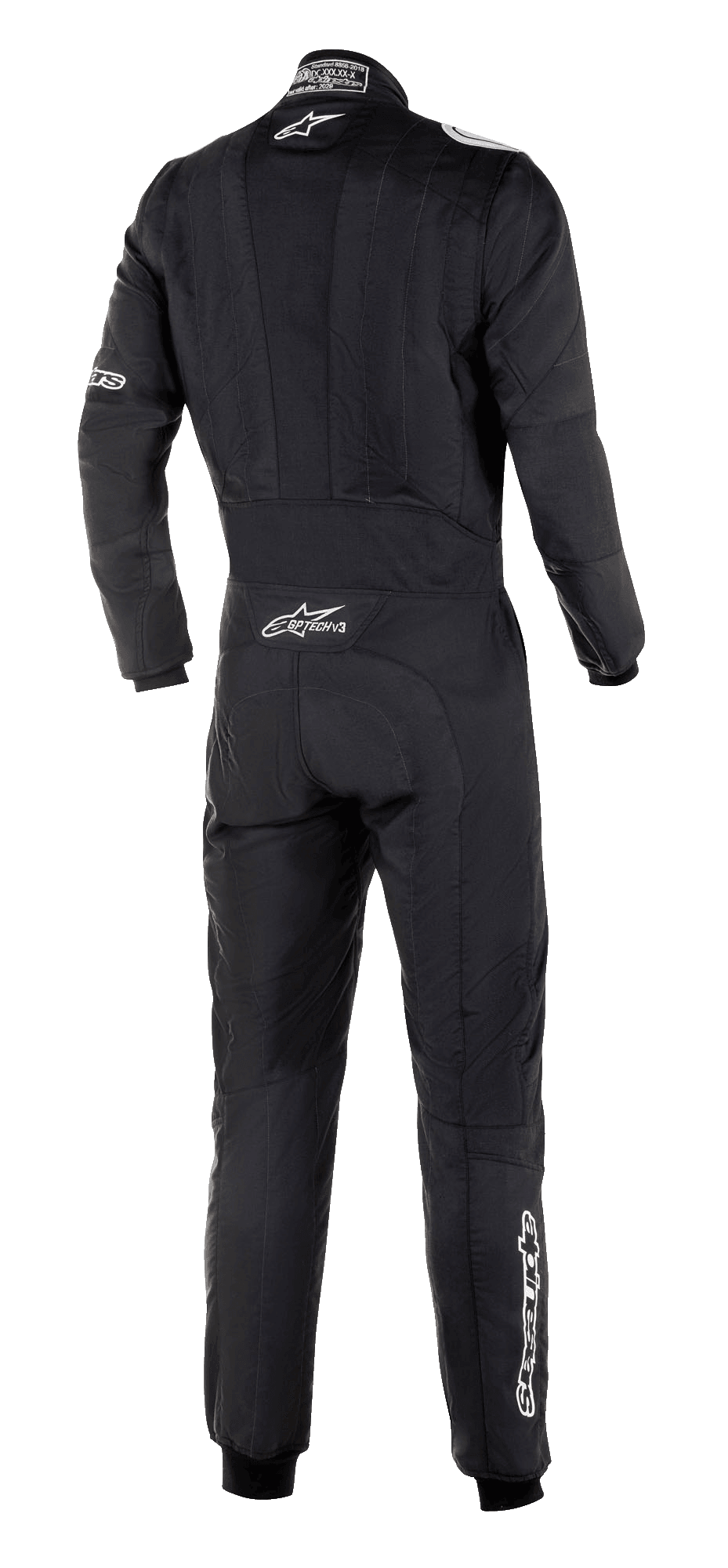 Alpinestars GP Tech V3 Suit FIA, baksida av svart racingoverall för bil, vit Alpinestars-logotyp och GP Tech V3-logotyp på nedre delen av ryggen, professionell motorsportutrustning med synliga stretchpaneler och atletisk passform.