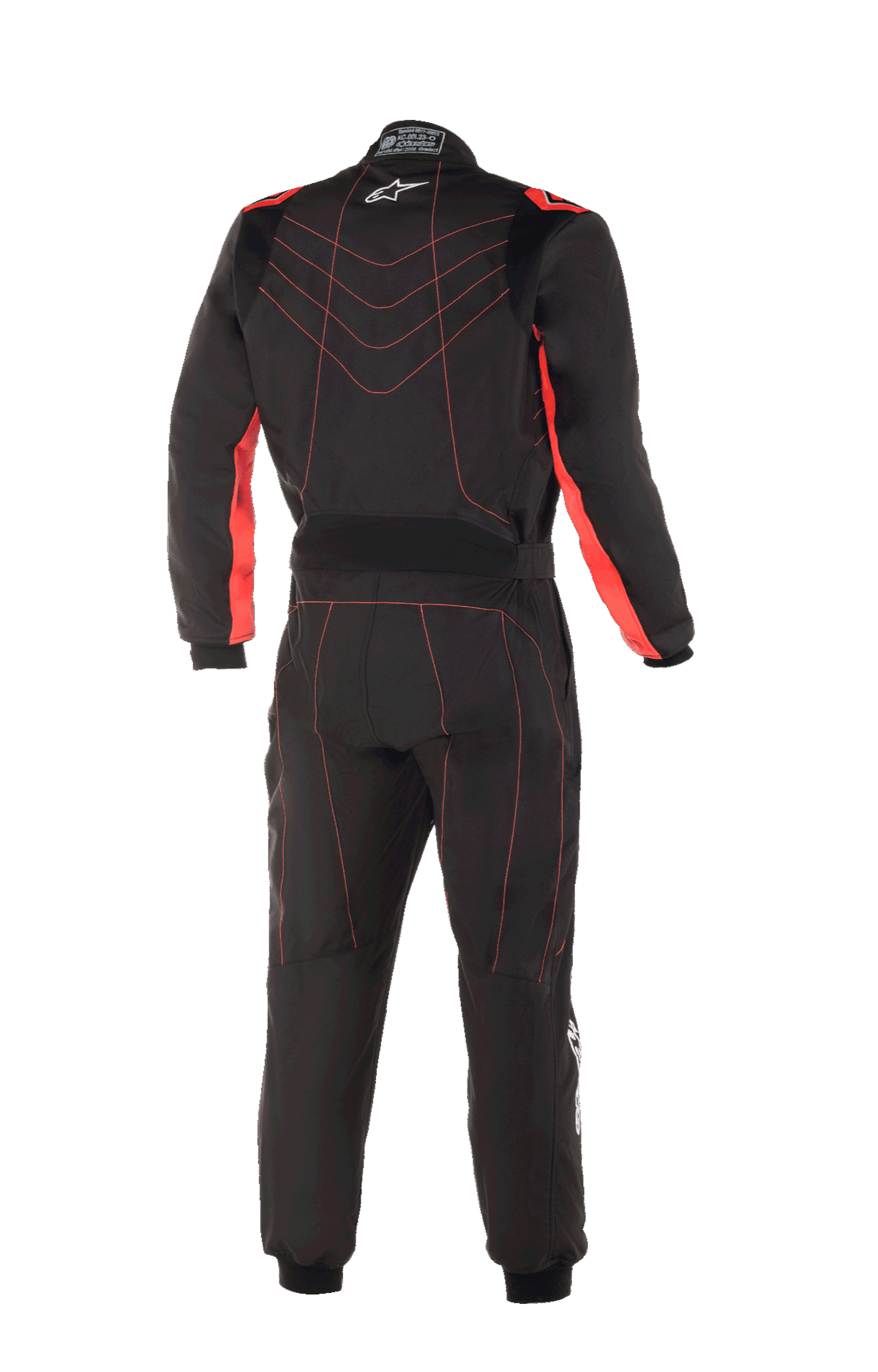 Alpinestars Youth KMX-9 V3 Suit, kartingoverall, svart och röd fluo, vy bakifrån med röda kontrastsömmar i ett chevron-mönster på ryggen, röda paneler på insidan av ärmarna, liten vit stjärnlogotyp på kragen och ett justerbart midjebälte för en professionell racinglook.