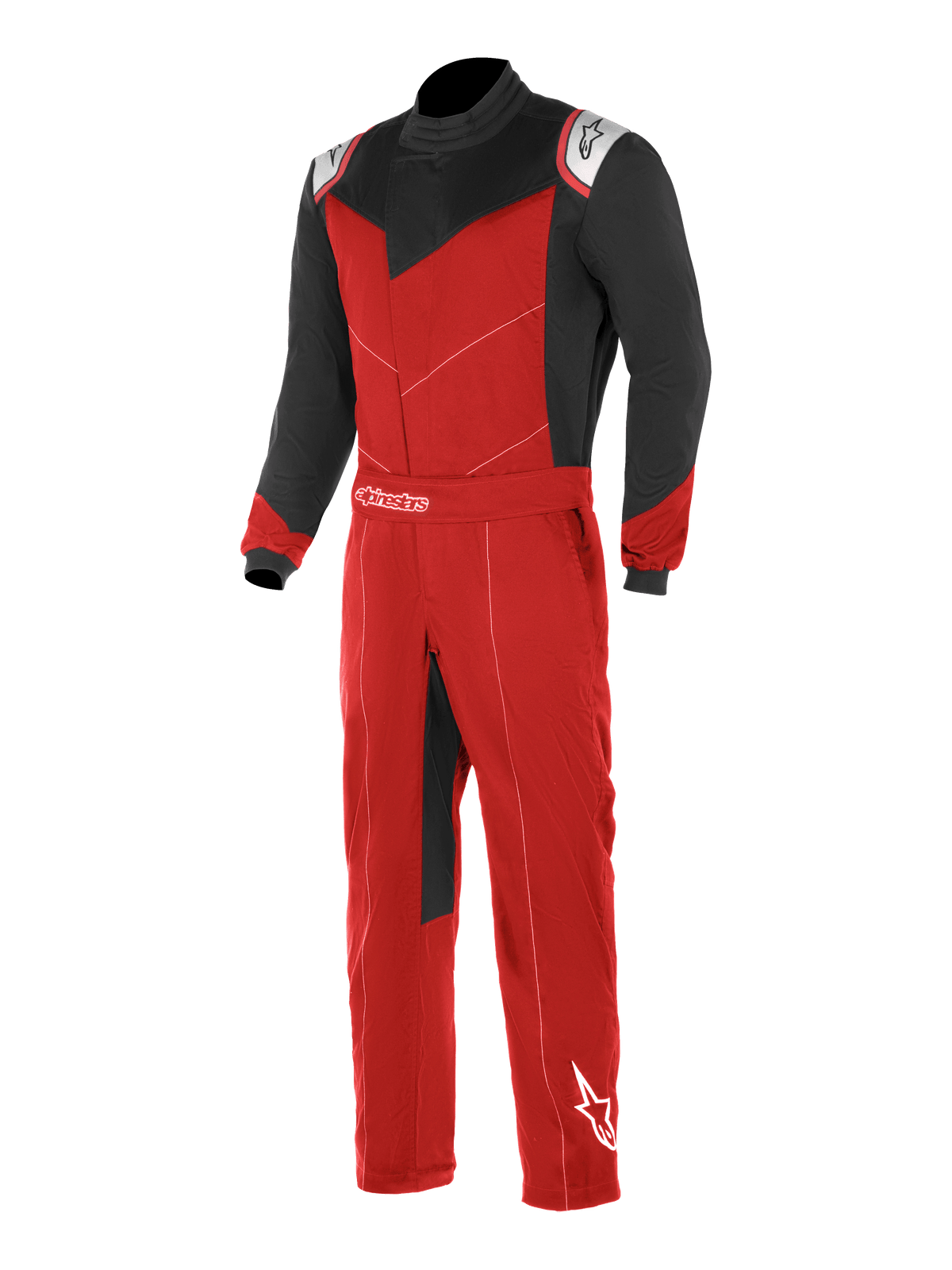 Alpinestars Kart Indoor Suit, kartingoverall, röd och svart med vita detaljer, svarta ärmar och övre bröstpaneler, röd torso och ben, med asymmetrisk frontöppning och justerbart midjebälte