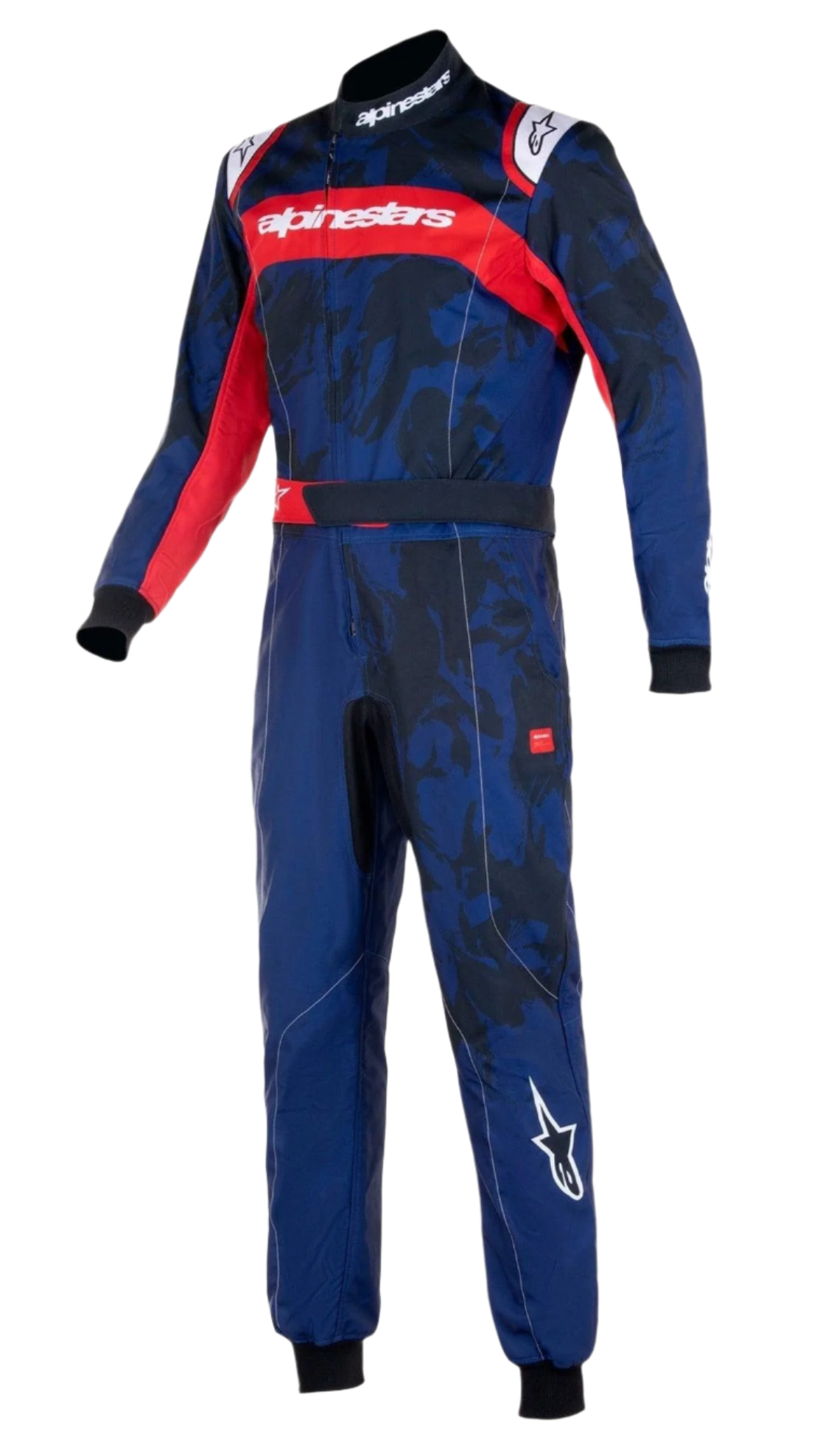 Alpinestars Youth KMX-9 V3 Suit Graphic 5, kartingoverall, marinblå och röd, med ett kamouflageinspirerat grafiskt mönster, röd rand över bröstet med vit Alpinestars-logotyp och svarta stickade muddar