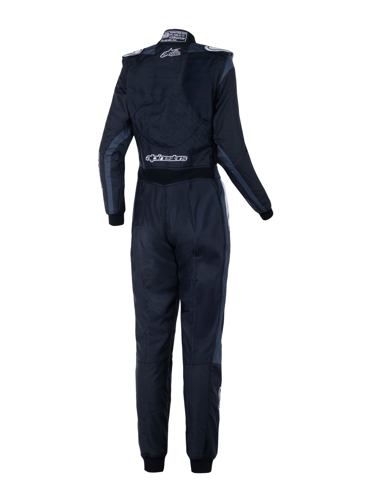 Alpinestars Stella GP Pro Comp V2 racingoverall för damer - FIA, vy bakifrån, svart asfalt och vit, med vita Stella- och Alpinestars-logotyper, professionell bilsportoverall med axelepauletter och anatomisk panelindelning för kvinnor.