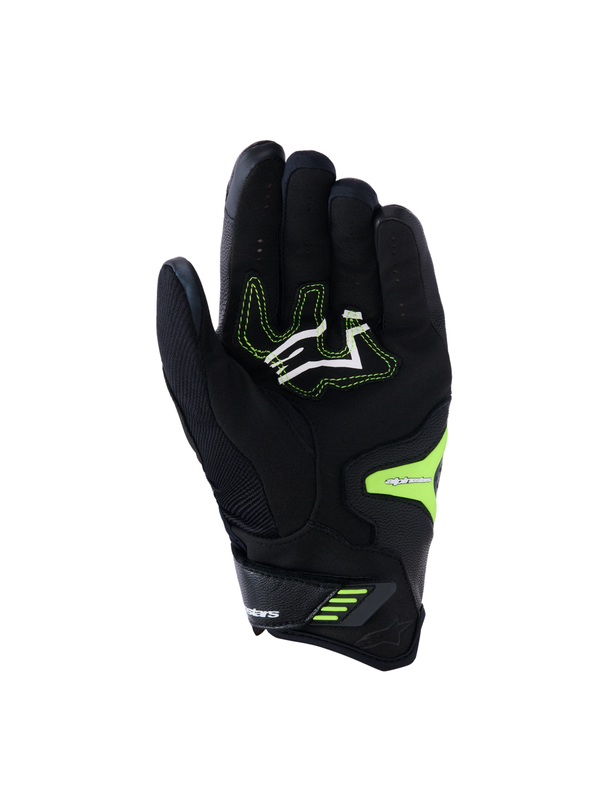Alpinestars SP-R Pro Gloves, Black and Yellow Fluo, palm view featuring reinforced synthetic leather grip zones, white logo with neon yellow stitching, and secure wrist closure, engineered for sport motorcycle performance