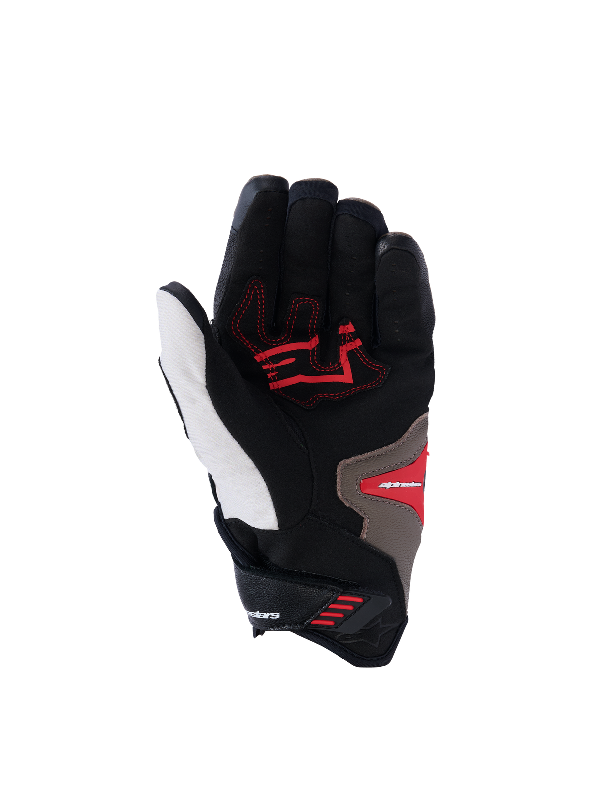 Alpinestars SP-R Pro-handskar, handflatevy, färgkombinationen Walnut Mastic Black, med röda greppinsatser på en svart och vit bas med beige detaljer, sportiga motorcykelhandskar med kort manschett, förstärkt handflata och ergonomisk design.
