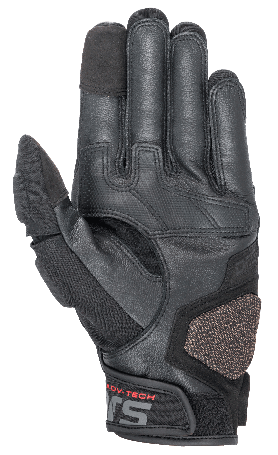 Alpinestars Halo läderhandskar, äventyrsmotorcykelhandskar, svarta, vy från handflatan som visar läder- och textilkonstruktion, förstärkt ARshield-landningsplatta, gummigrepp och pekskärmskompatibla fingertoppar