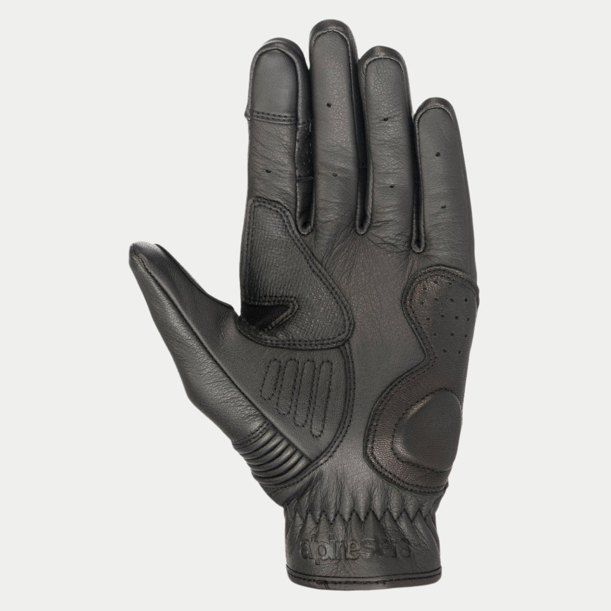 Alpinestars Crazy Eight-handskar, motorcykelhandskar, svarta, vy av handflatan som visar förstärkt läderkonstruktion, texturerade greppaneler på handflata och tumme, och präglad logotyp på handledsmanschetten