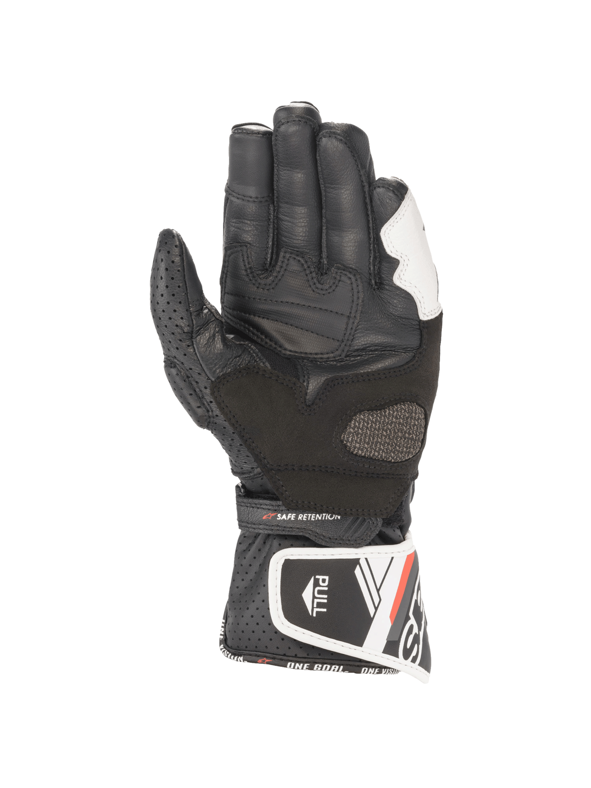 Alpinestars Stella SP-8 V3 motorcykelhandskar för dam, svarta och vita, racingstil i läder med förstärkt grepp i handflatan.