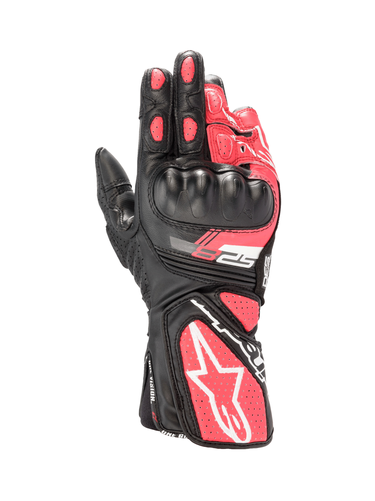 Alpinestars Stella SP-8 V3 handskar, dam-motorcykelhandskar i svart och rosa läder, hårt knogskydd och vita detaljer.