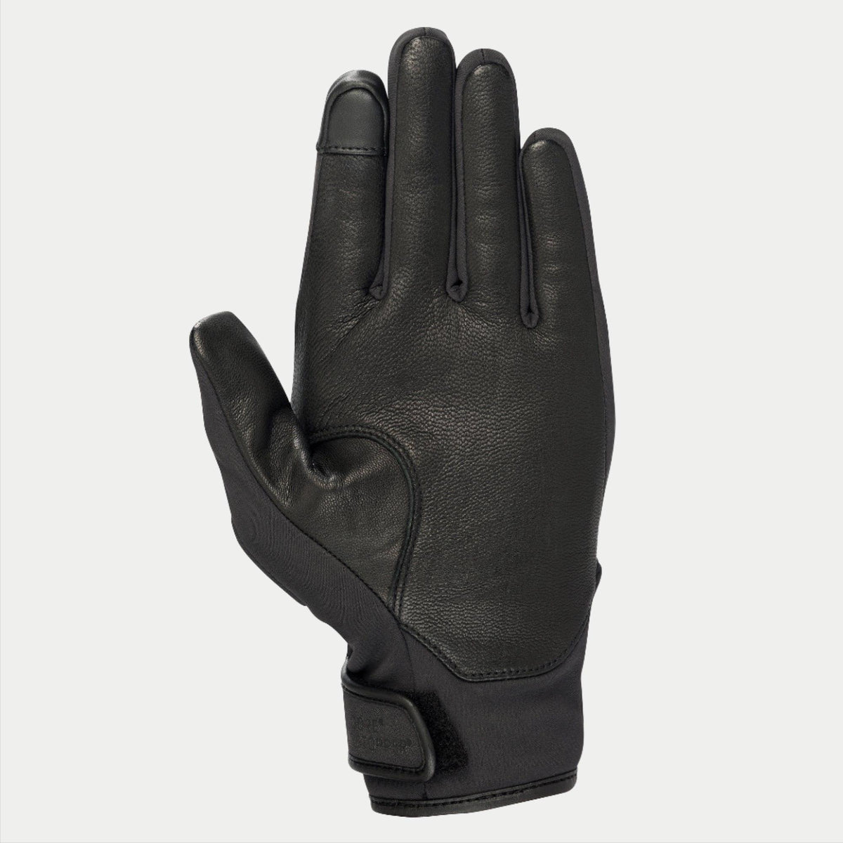 Alpinestars Stella C1 Windstopper V2 handskar för dam, svarta, vy av handflatan med förstärkningar i fullnarvsläder och pekskärmskompatibel fingertopp på pekfingret, kardborrestängning vid manschetten, stilren design för stadskörning