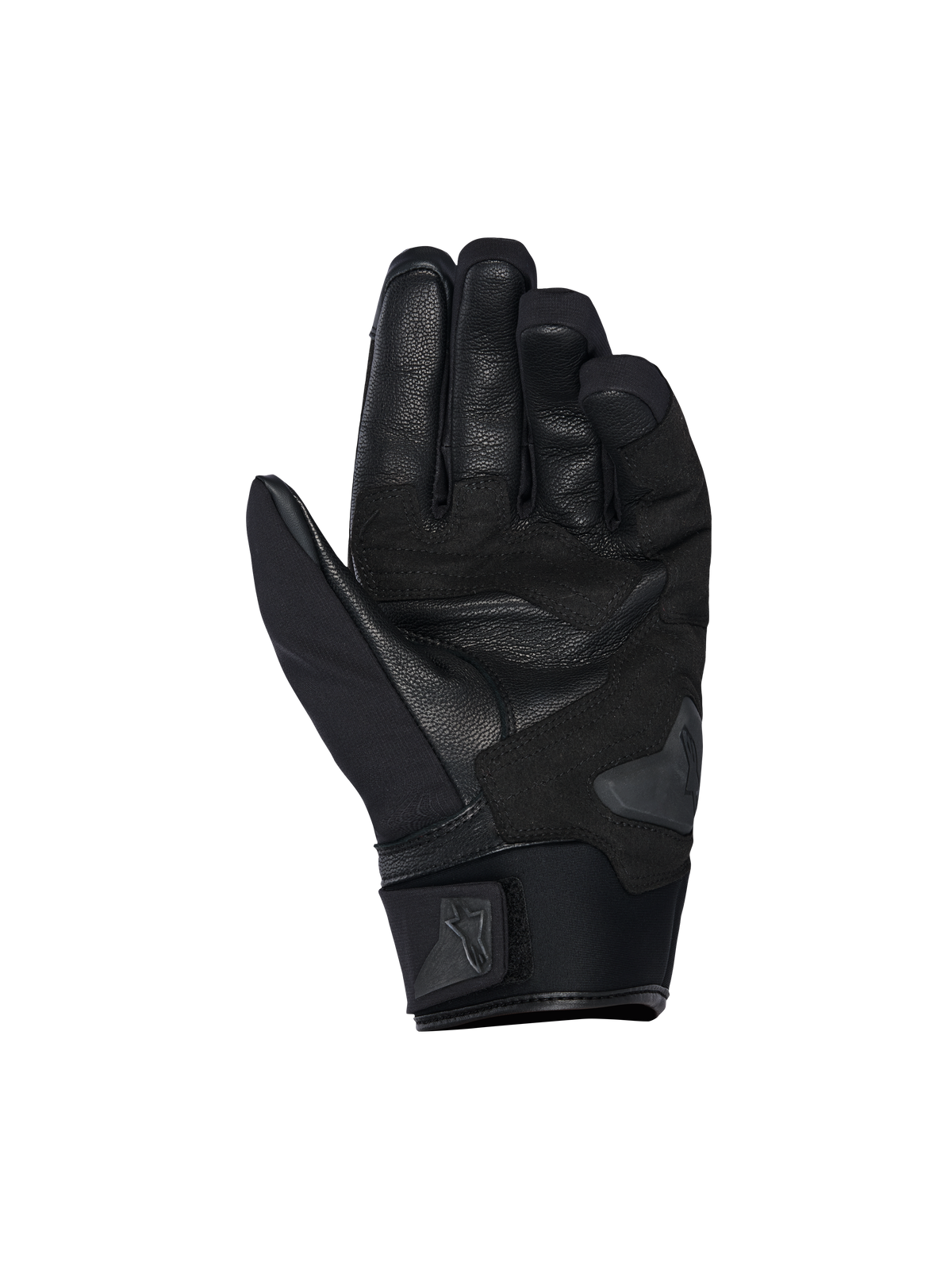 Alpinestars SP X Z Vattentäta handskar, vy över handflatan, svarta, med en slitstark läderhandflata med förstärkta sektioner, handflateslider och en mjuk neoprenmudd med en justerbar rem med Alpinestars-logotyp.