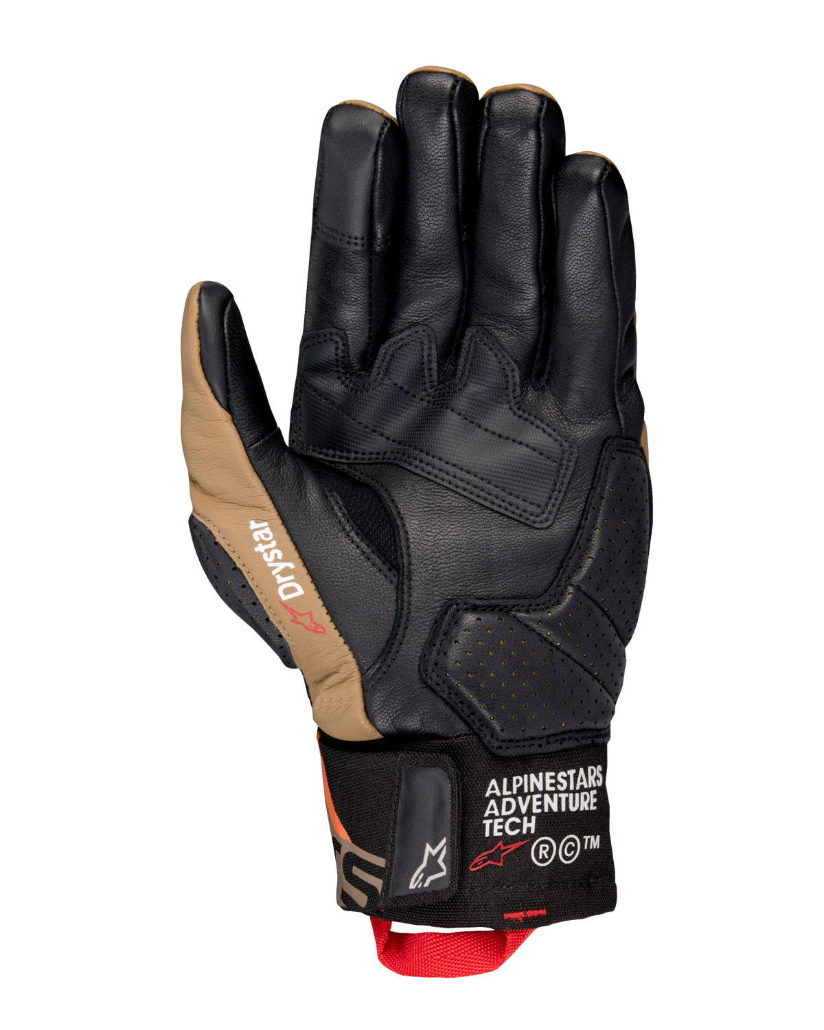Alpinestars Belize V3 Drystar®-handskar, vy av handflatan på en motorcykelhandske med kort manschett i svart och Gobi Brown, läderkonstruktion med förstärkt handflata, perforerade detaljer och röd dragflik.
