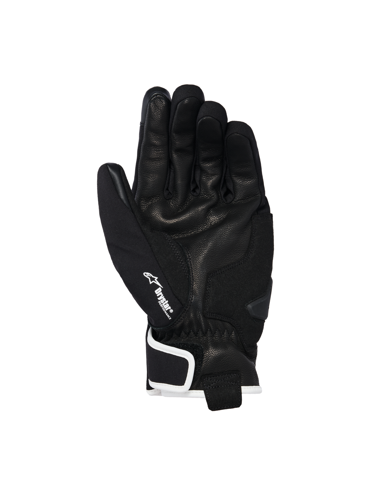Alpinestars Moblast vattentäta handskar, svarta med off-white-detaljer, vy från handflatan som visar konstruktion i getläder, vit Drystar-logotyp på tummen och förstärkt handflatsskydd, urban motorcykelutrustning med kort manschett