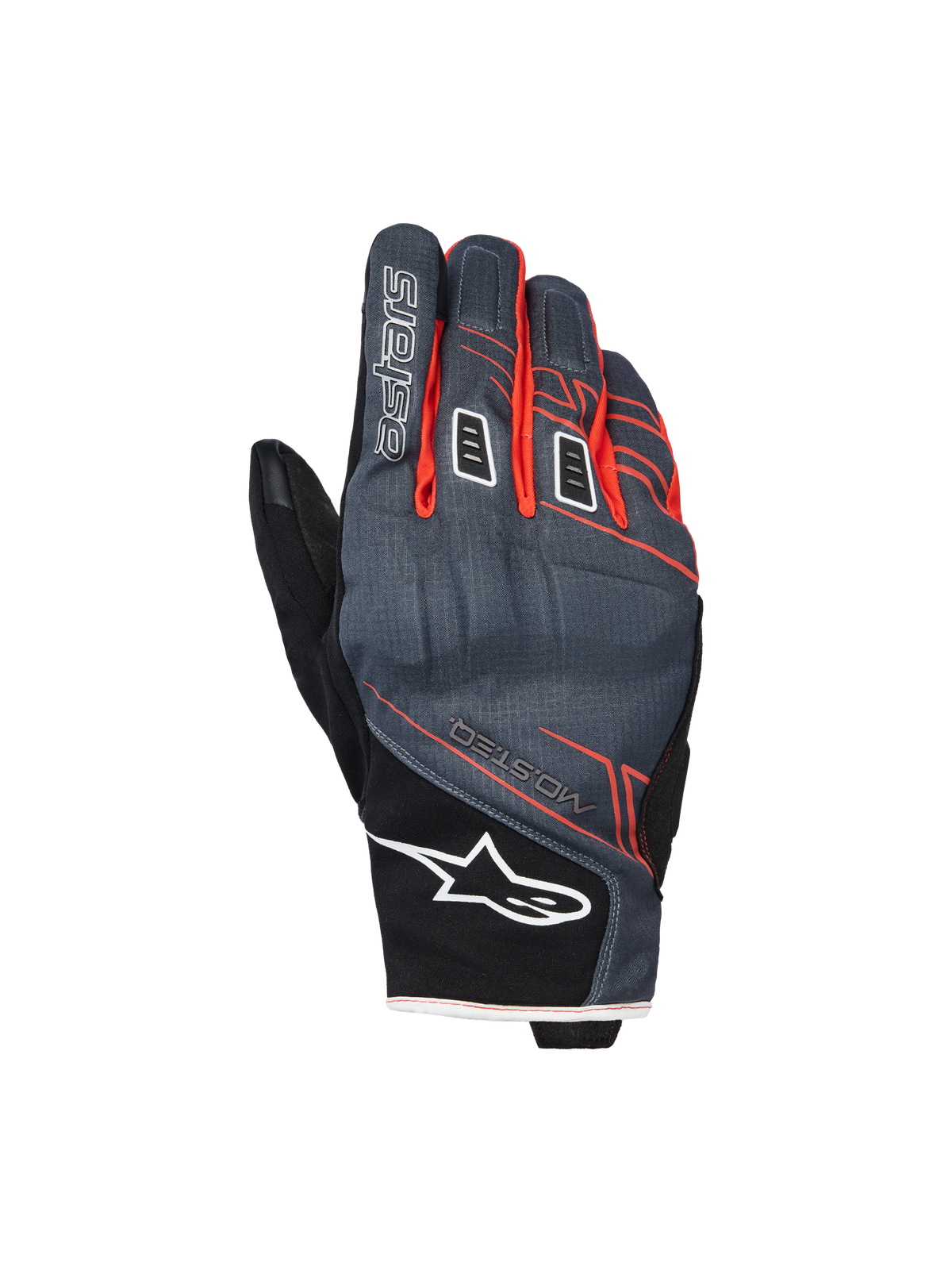 Alpinestars Moblast Waterproof Gloves, motorcykelhandskar, antracit och svarta med orange detaljer, kort manschettdesign med röd-orange linjär grafik, vit Alpinestars stjärnlogotyp på manschetten och ”astars”-logotyp på fingret, teknisk textil på handryggen för skydd i alla väder