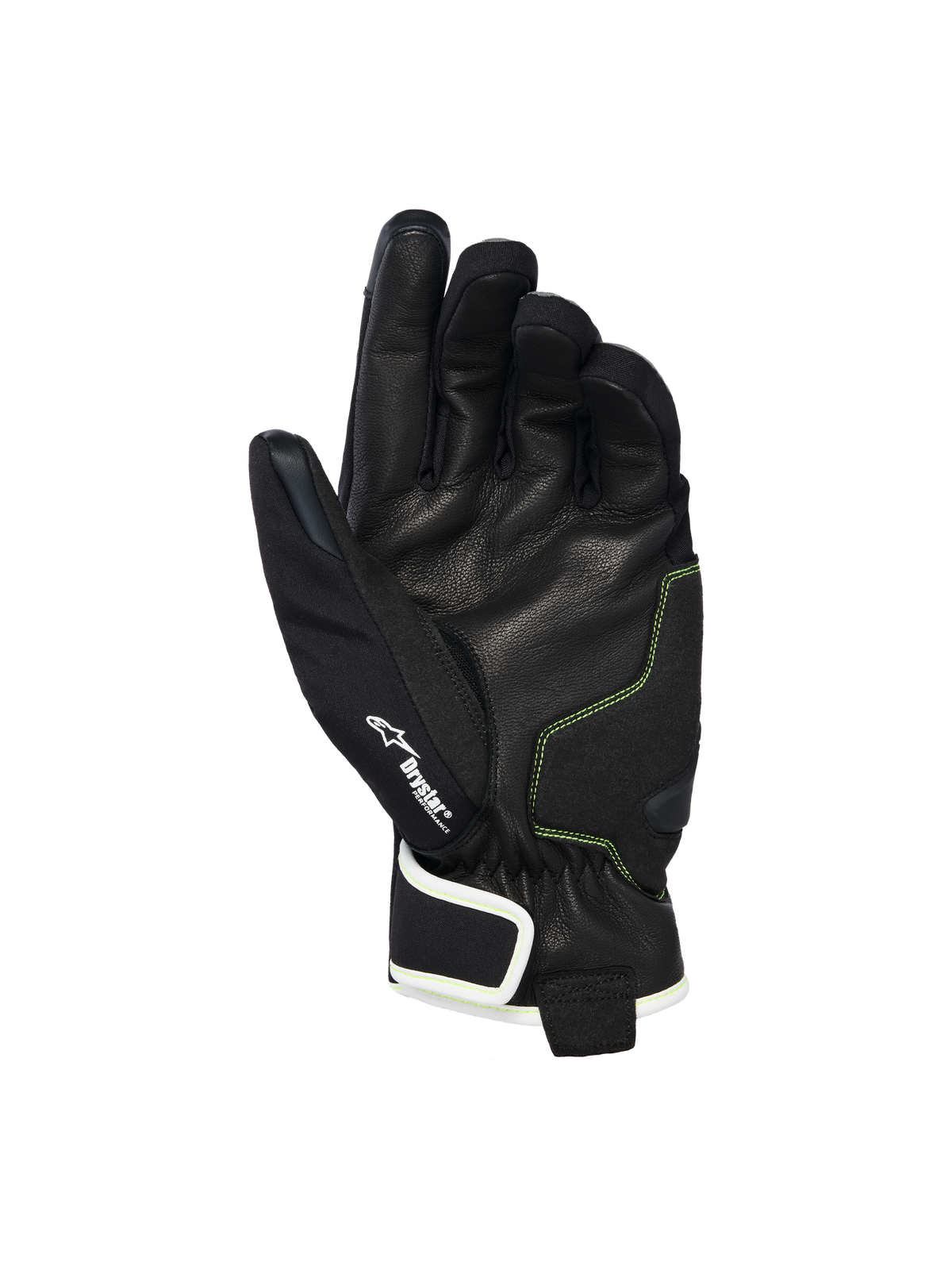 Alpinestars Moblast Waterproof-handskar, vy av handflatan som visar svart getläder med Sulphur Yellow-sömmar, Drystar®-logotypdetalj, motorcykelhandskar med kort manschett designade för pendling i stadsmiljö i alla väder