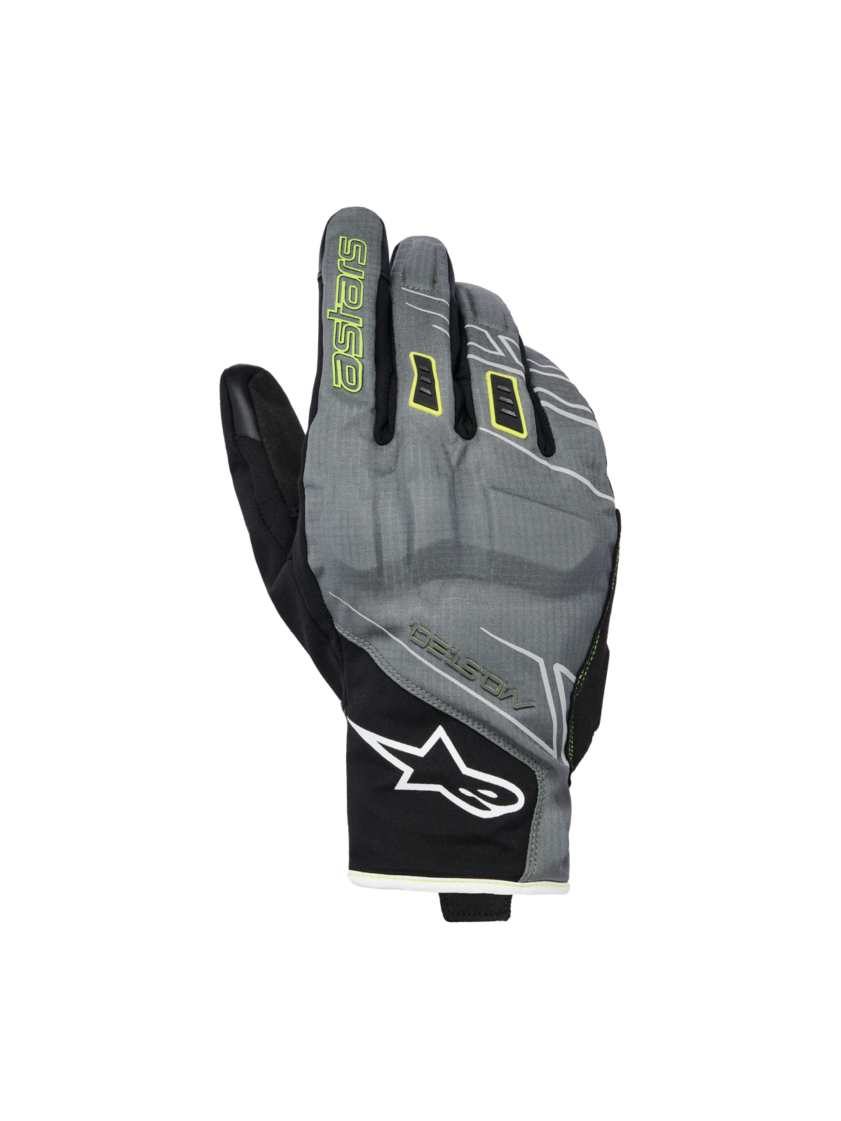 Alpinestars Moblast Waterproof Gloves, motorcykelhandskar, grå och svarta med svavelgula detaljer, urban design med kort manschett, vit Astar-logotyp på handleden, neongul text på pekfingret, vattentät Drystar-prestanda för pendling under mellansäsong