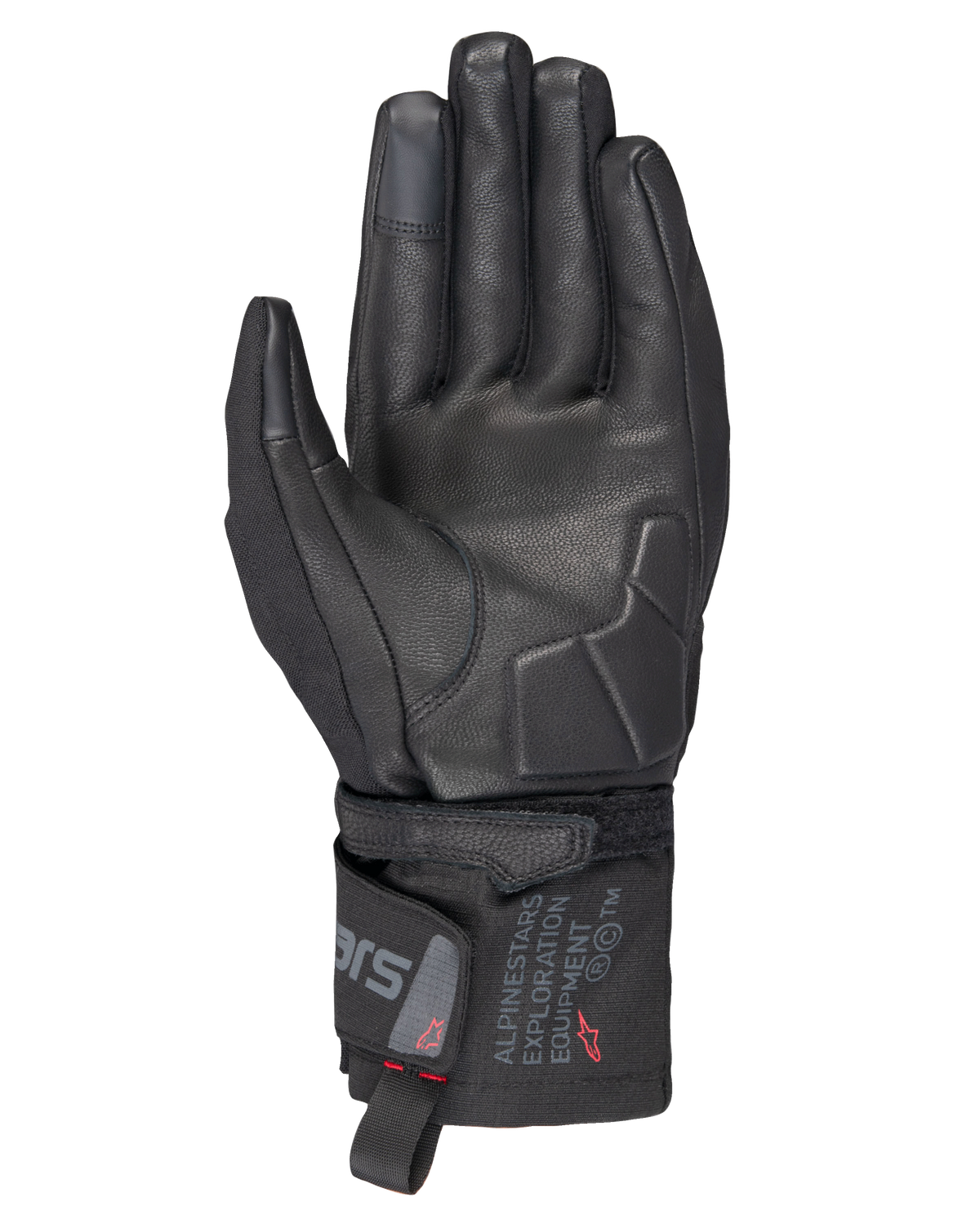 Alpinestars WT-3 Drystar® Isolerade Handskar, svarta motorcykelhandskar, vy av handflatan som visar läderförstärkning och vadderad handflata, medellång manschett med Alpinestars Exploration Equipment-märkning, pekskärmskompatibla fingertoppar, hållbart väderskydd för touring i alla väder