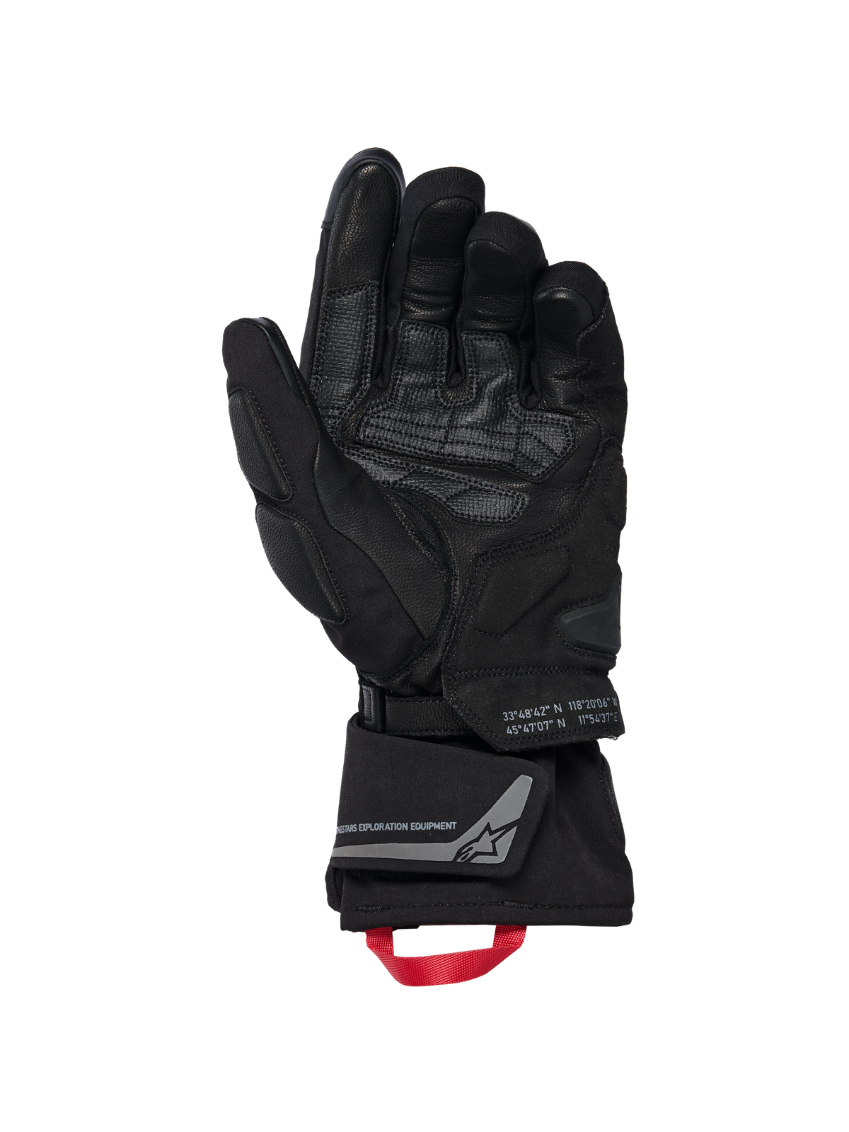 Alpinestars WT-8 GORE-TEX isolerade handskar, motorcykelhandskar, svarta, vy av innerhandflatan som visar förstärkta läderpartier och vadderade sliders, lång manschett med en röd dragögla och Alpinestars Exploration Equipment-märkning med geografiska koordinater, teknisk road- och adventure-design