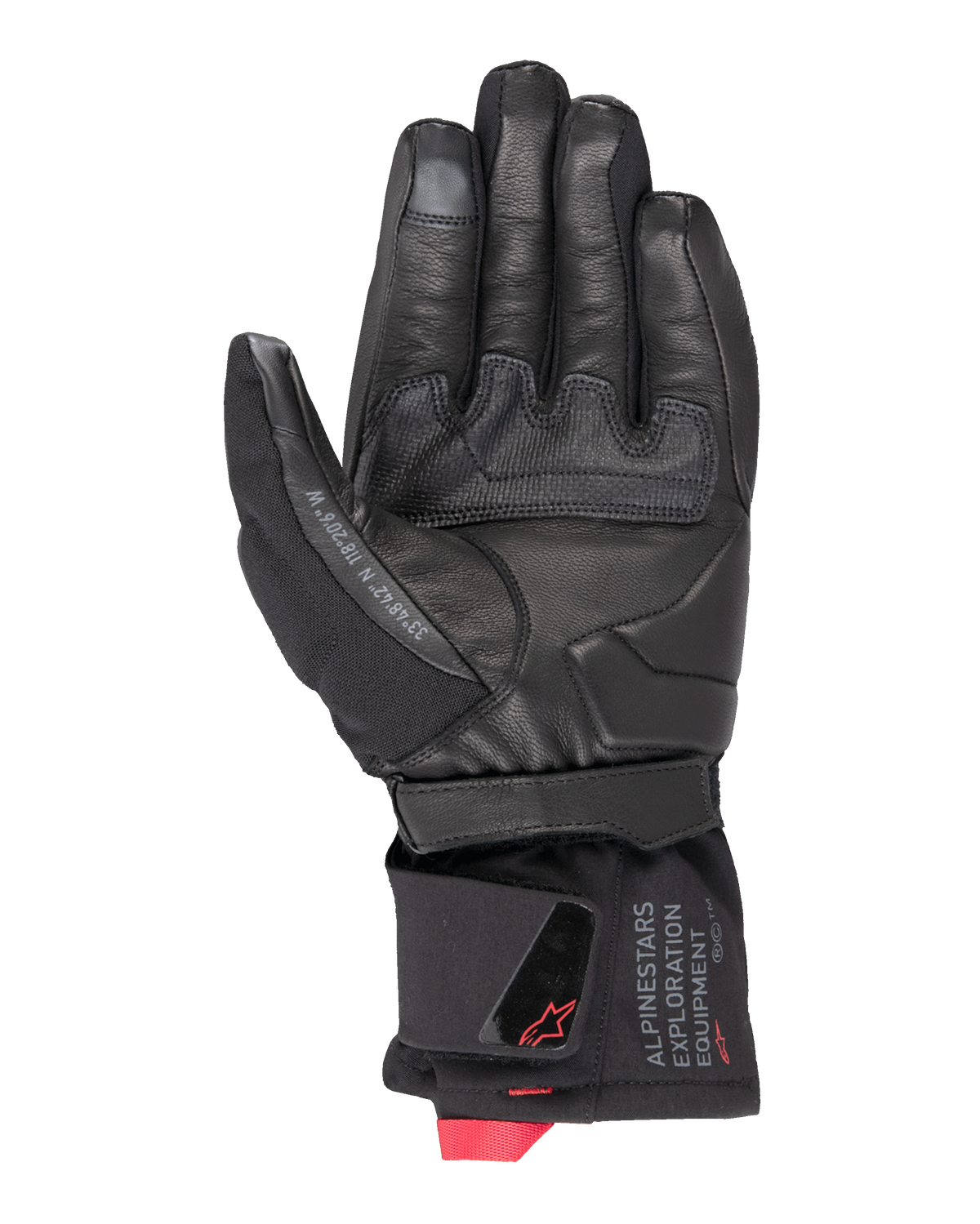 Alpinestars WT-4 GORE-TEX Isolerad Handske, motorcykelhandske, svart, vy av handflatan med läderkonstruktion och gummigrepp, mellanhög manschett med Alpinestars Exploration Equipment-märkning och röda logotypdetaljer
