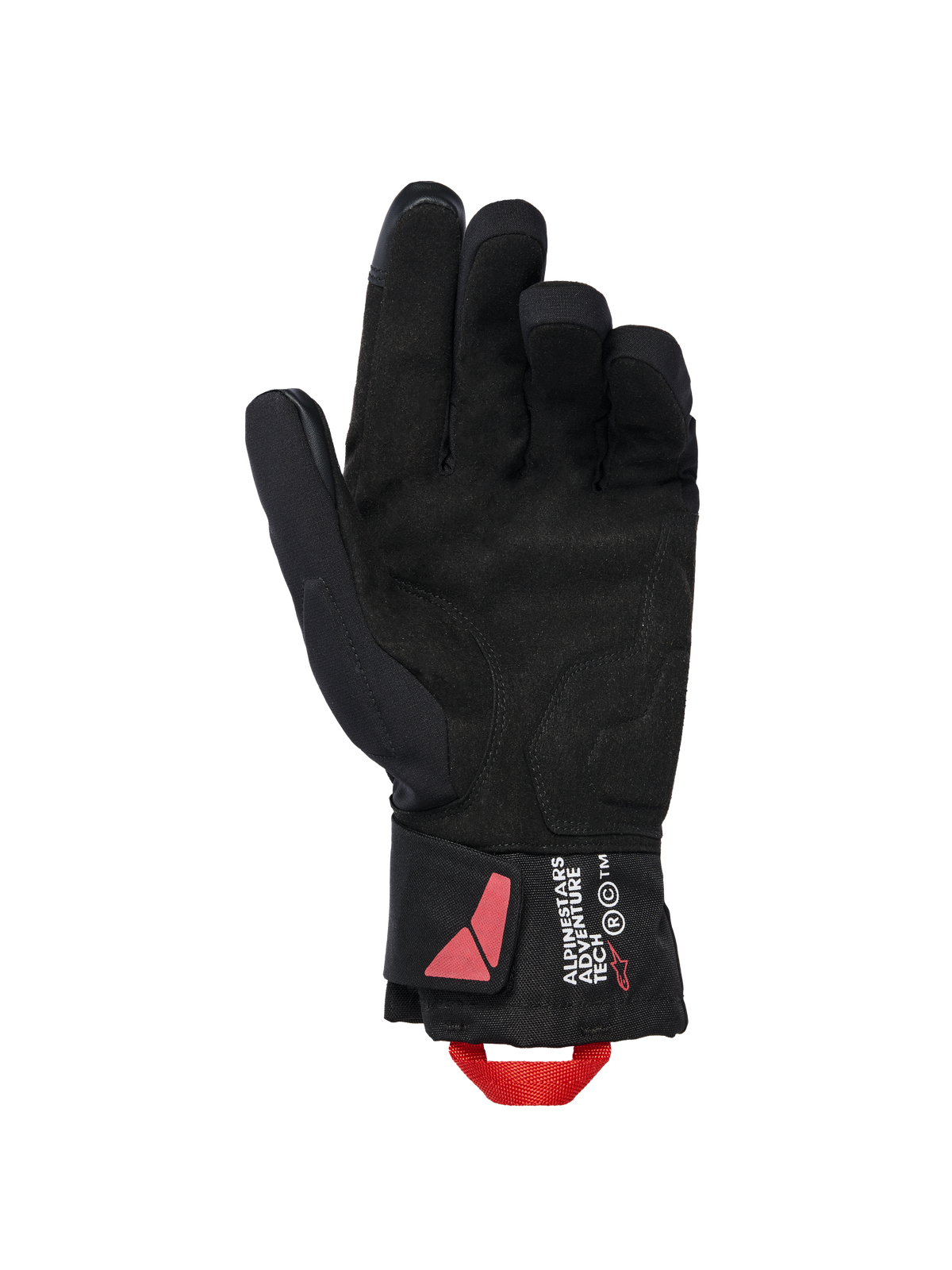 Alpinestars XT-3 Drystar® Insulated Gloves, svarta motorcykelhandskar, vy av handflatan med mockamaterial och röd dragögla, Alpinestars Adventure Tech-branding på manschetten, vattentät vinterutrustning för körning