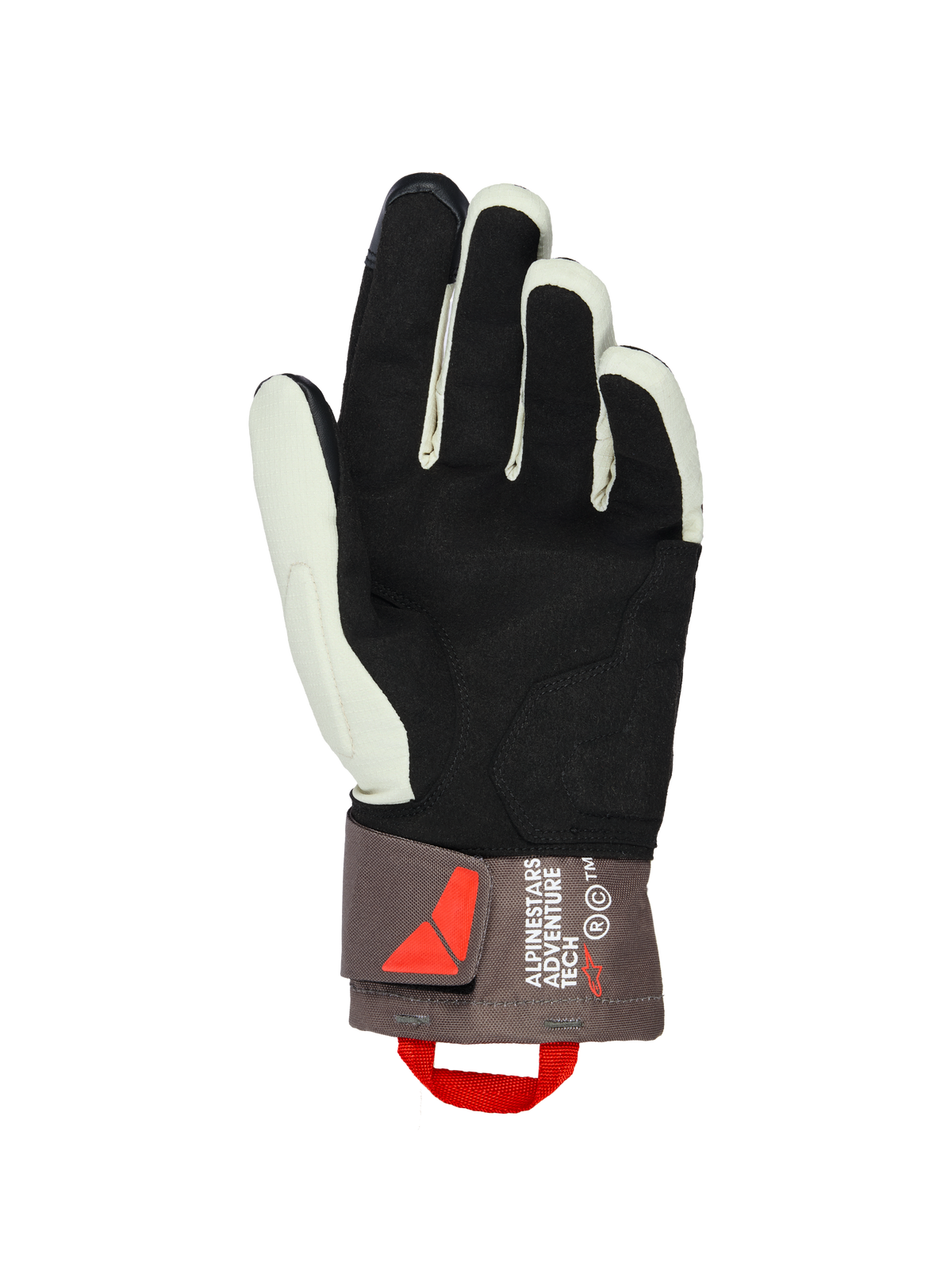 Alpinestars XT-3 Drystar® Insulated Gloves, palm view, Dark Brown Sand and Black, featuring soft suede palm for grip, mid-length cuff with Alpinestars Adventure Tech branding, red pull loop and velcro closure, adventure motorcycle gear