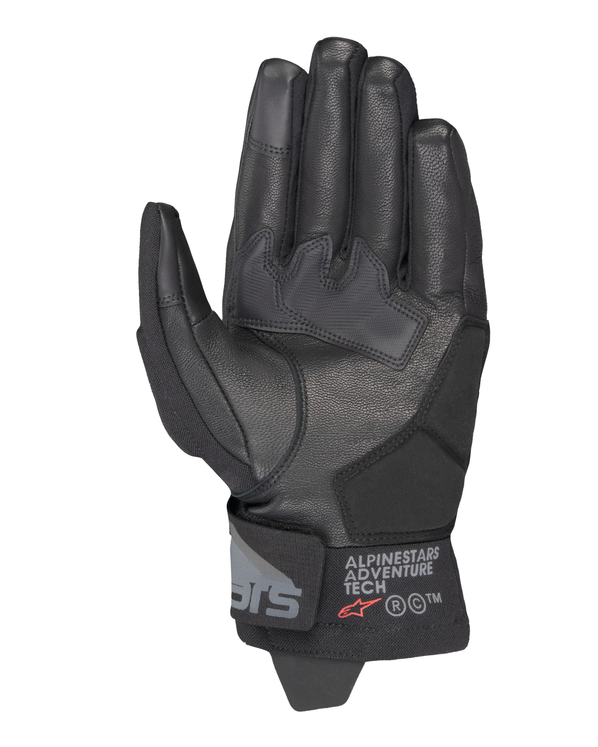 Alpinestars Corozal V3 Drystar®-handskar, svarta, vy av handflatan som visar läderkonstruktion med förstärkta paneler, kort manschett med Alpinestars Adventure Tech-logotyp, pekskärmskompatibla fingertoppar, slitstark motorcykelutrustning för äventyrskörning i alla väder