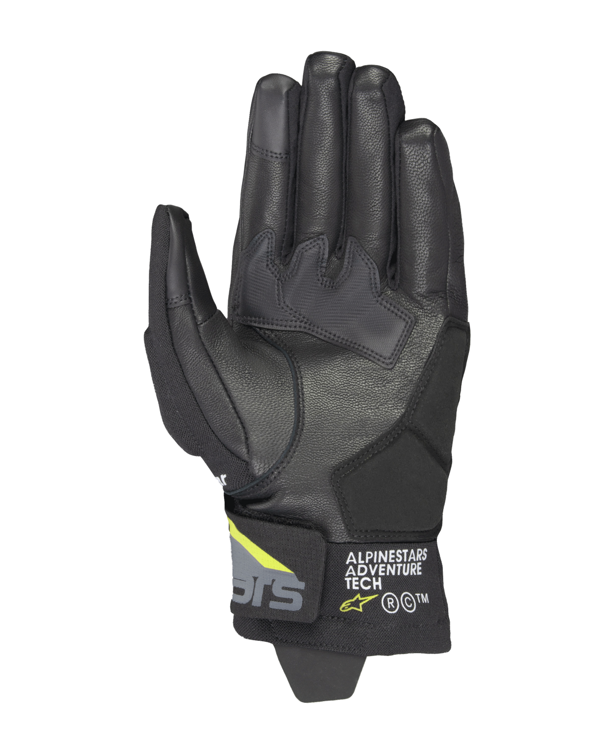 Alpinestars Corozal V3 Drystar®-handskar, svarta, mörkgrå och neongula, vy av handflatan med läderkonstruktion och syntetiska förstärkningar, pekskärmskompatibla fingertoppar och Alpinestars Adventure Tech-logotyp på den korta manschetten.