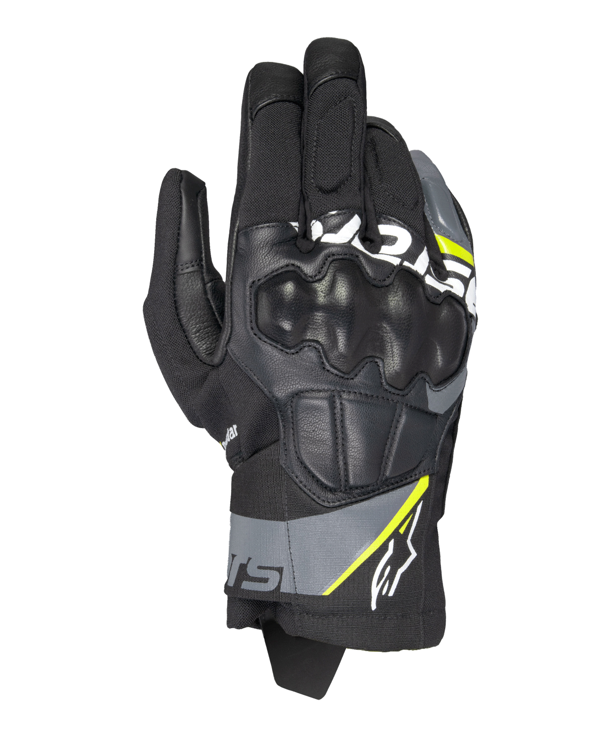 Alpinestars Corozal V3 Drystar® handskar, motorcykelhandskar för äventyr, svarta med mörkgrå och neongula detaljer, läder- och textilkonstruktion med gjutet knogskydd, kort manschett, vattentäta och ventilerande för körning i alla väder